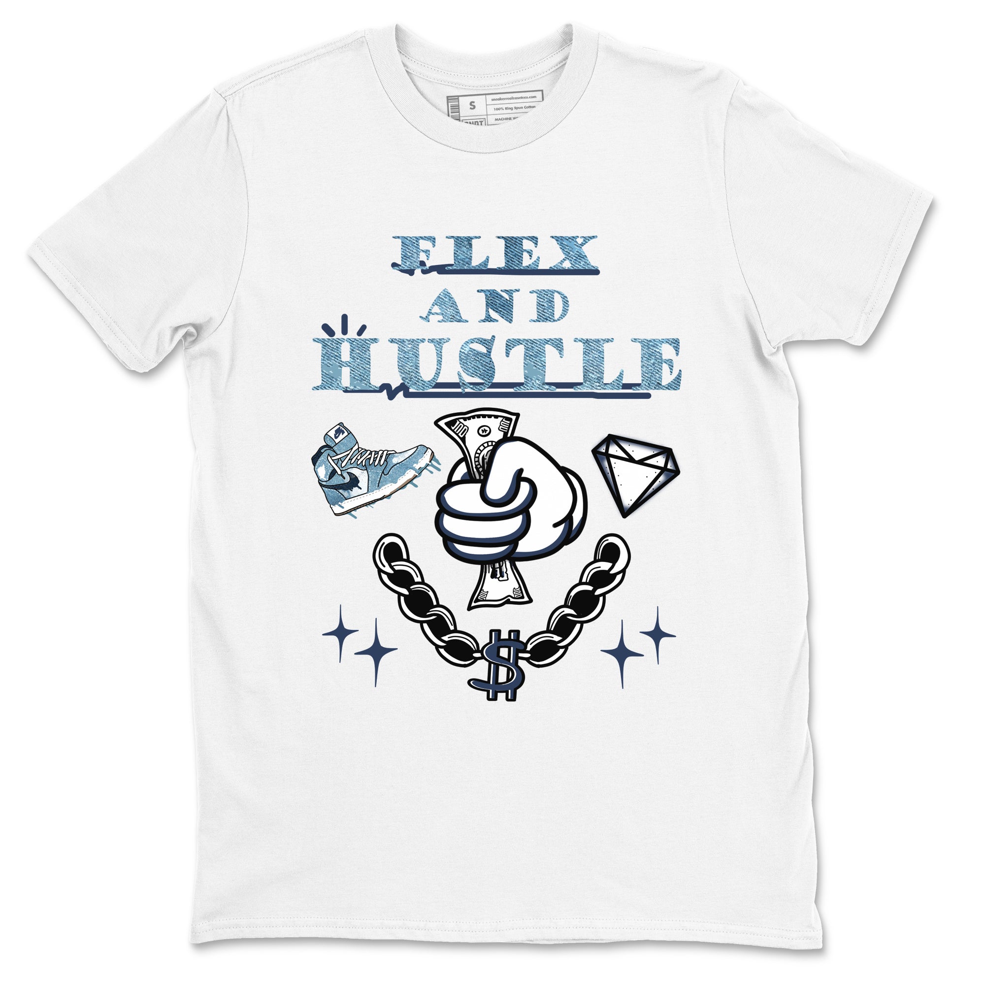 1s Denim shirts to match jordans Flex And Hustle sneaker match tees Air Jordan 1 Denim Drip Gear Zone streetwear brand White 2 unisex cotton tee