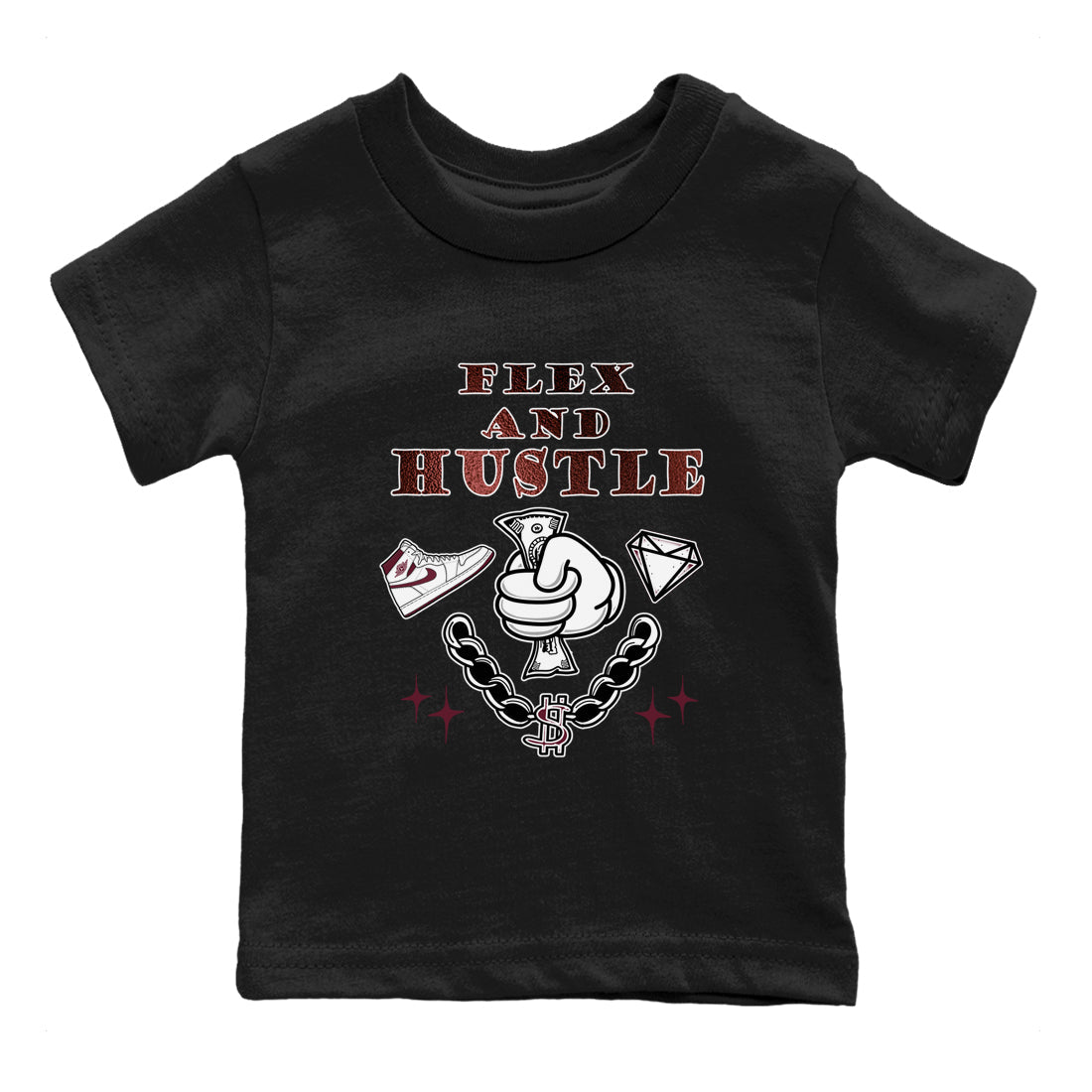 AJ1 High '85 Metallic Burgundy shirts to match jordans Flex And Hustle sneaker match tees 1s High '85 Metallic Burgundy Drip Gear Zone streetwear brand Baby and Youth Black 2 cotton tee