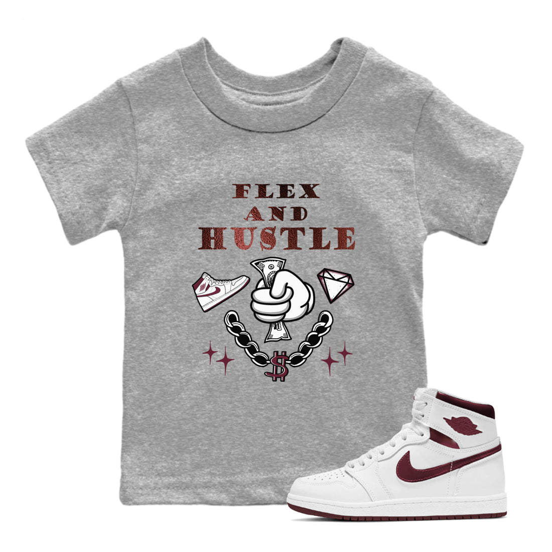 AJ1 High '85 Metallic Burgundy shirts to match jordans Flex And Hustle sneaker match tees 1s High '85 Metallic Burgundy Drip Gear Zone streetwear brand Baby and Youth Heather Grey 1 cotton tee