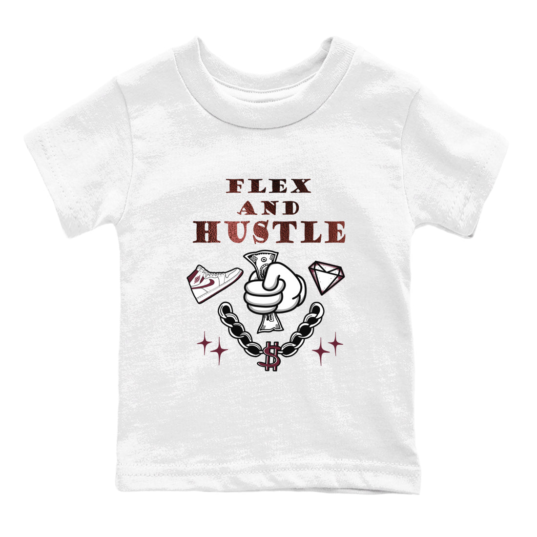 AJ1 High '85 Metallic Burgundy shirts to match jordans Flex And Hustle sneaker match tees 1s High '85 Metallic Burgundy Drip Gear Zone streetwear brand Baby and Youth White 2 cotton tee