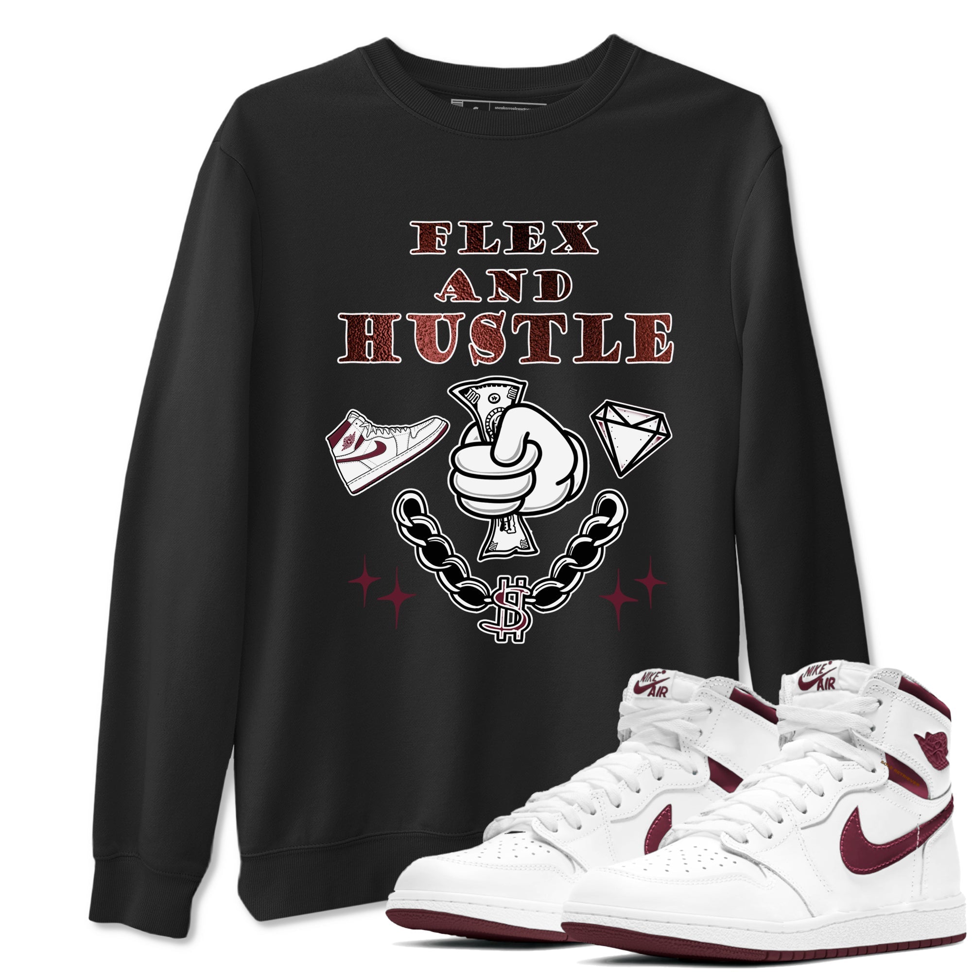 AJ1 High '85 Metallic Burgundy shirts to match jordans Flex And Hustle sneaker match tees 1s High '85 Metallic Burgundy Drip Gear Zone streetwear brand Black 1 unisex cotton tee