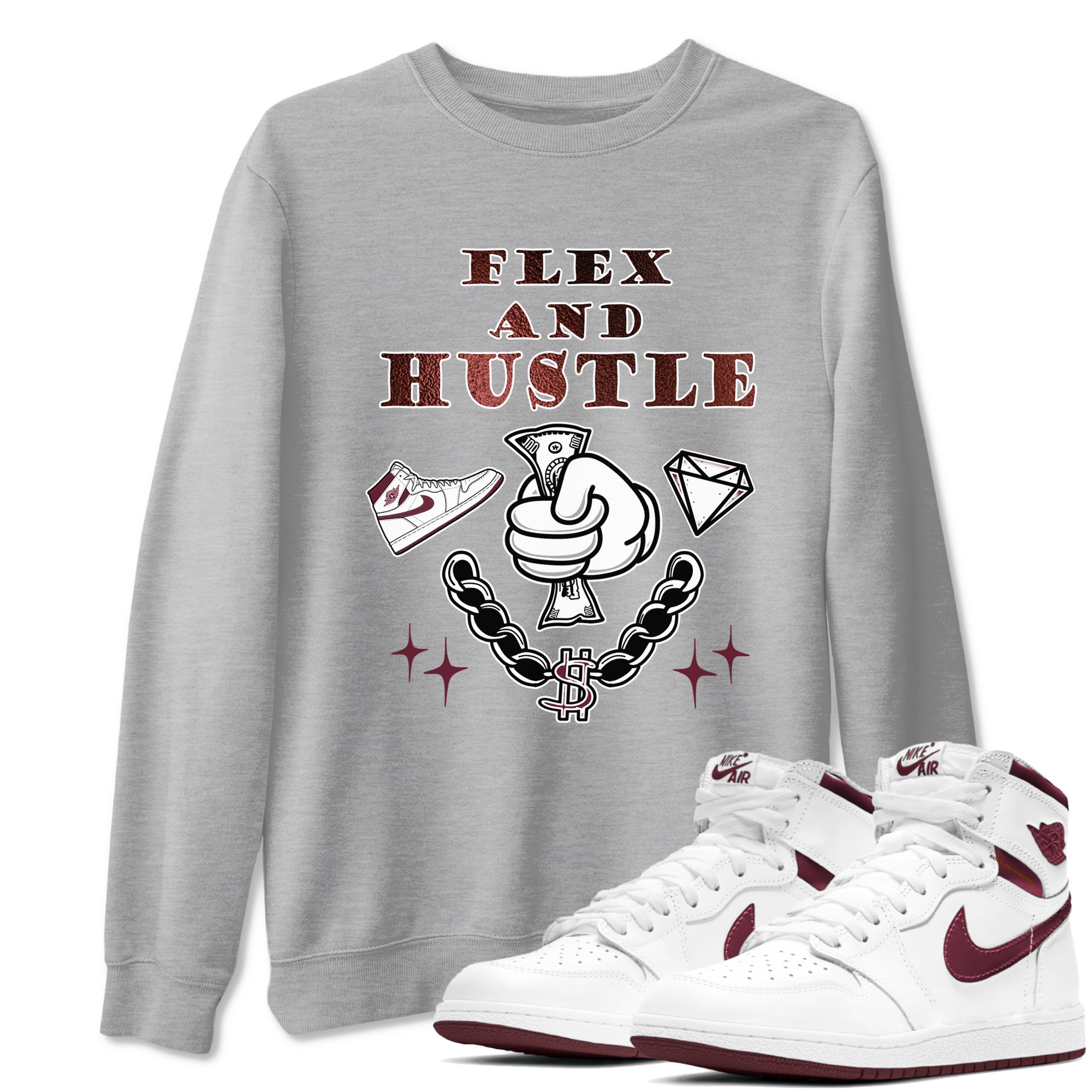 AJ1 High '85 Metallic Burgundy shirts to match jordans Flex And Hustle sneaker match tees 1s High '85 Metallic Burgundy Drip Gear Zone streetwear brand Heather Grey 1 unisex cotton tee