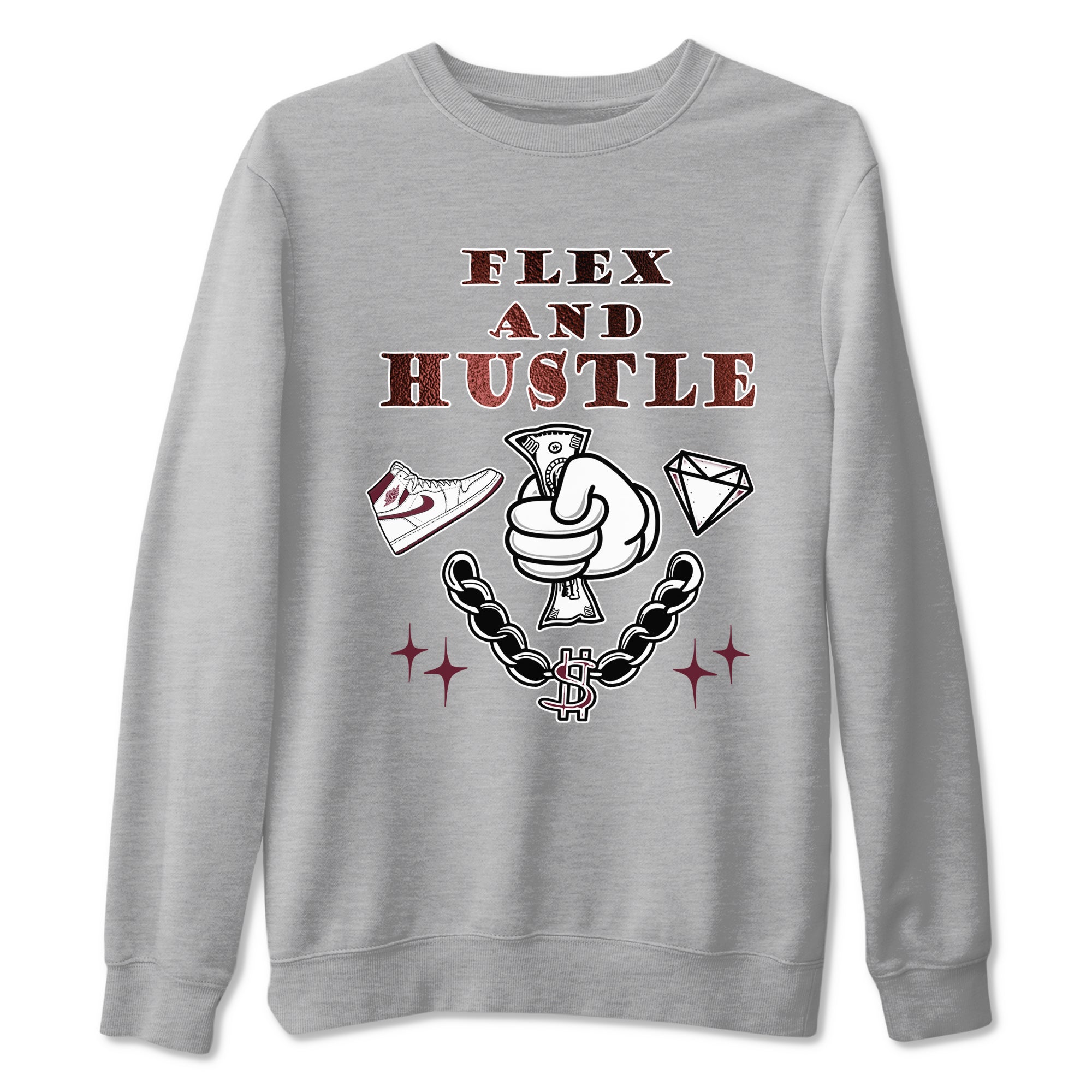 AJ1 High '85 Metallic Burgundy shirts to match jordans Flex And Hustle sneaker match tees 1s High '85 Metallic Burgundy Drip Gear Zone streetwear brand Heather Grey 2 unisex cotton tee
