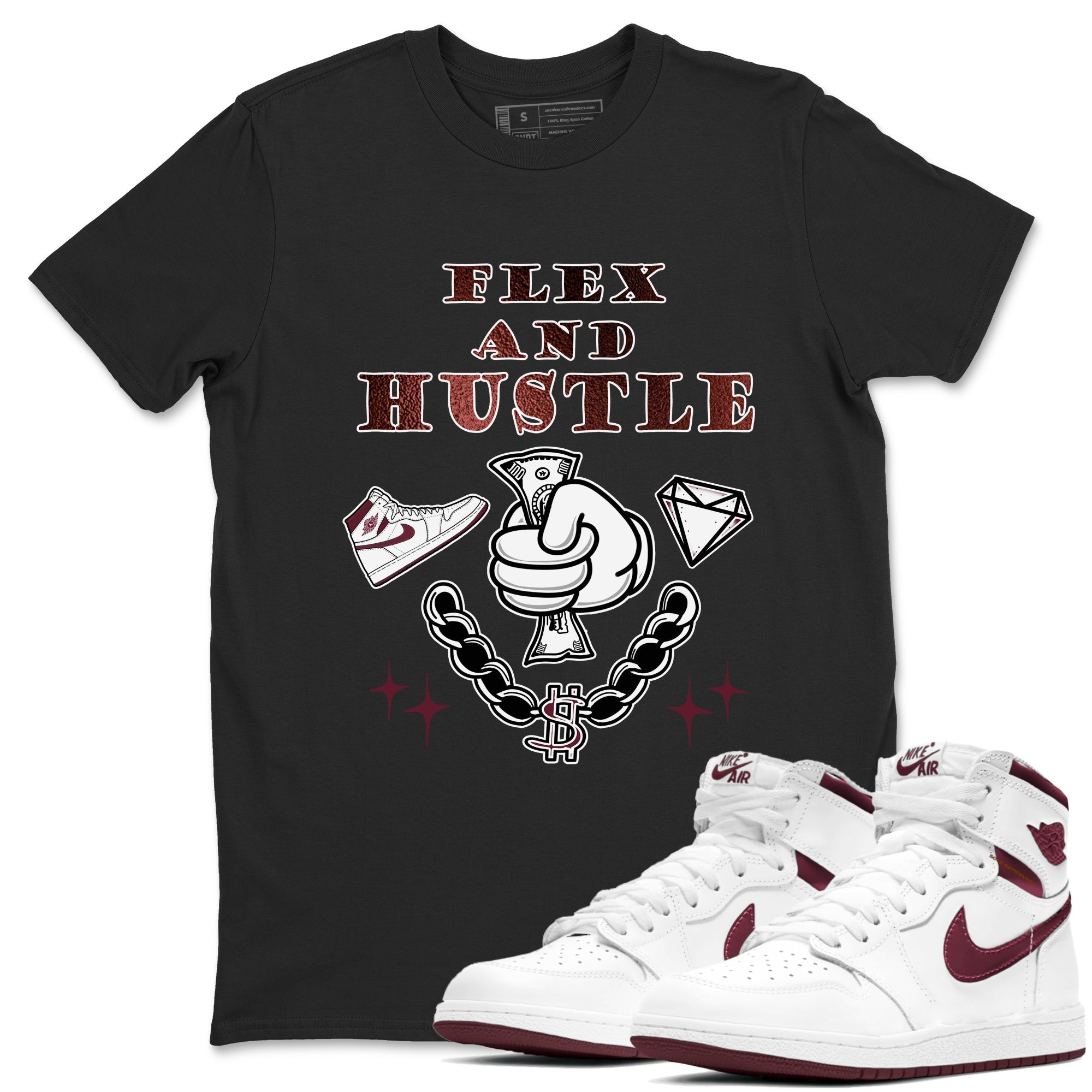 AJ1 High '85 Metallic Burgundy shirts to match jordans Flex And Hustle sneaker match tees 1s High '85 Metallic Burgundy Drip Gear Zone streetwear brand Black 1 unisex cotton tee