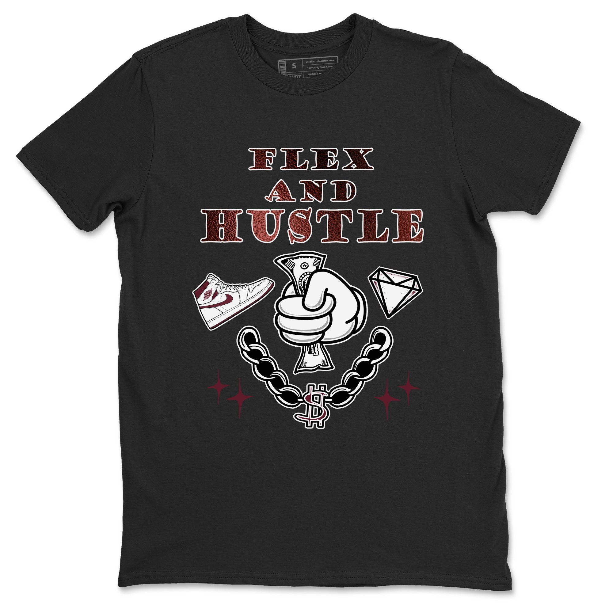 AJ1 High '85 Metallic Burgundy shirts to match jordans Flex And Hustle sneaker match tees 1s High '85 Metallic Burgundy Drip Gear Zone streetwear brand Black 2 unisex cotton tee