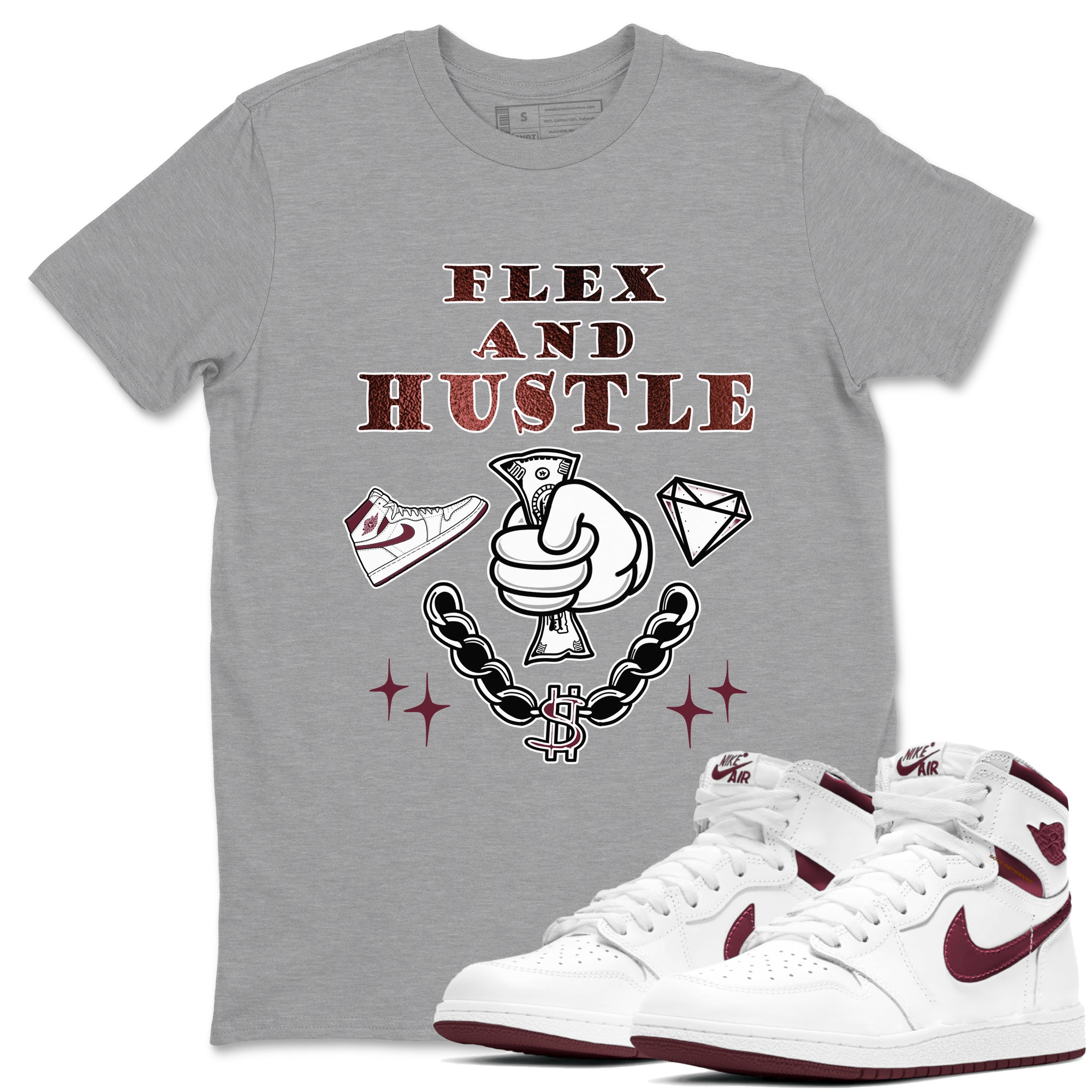AJ1 High '85 Metallic Burgundy shirts to match jordans Flex And Hustle sneaker match tees 1s High '85 Metallic Burgundy Drip Gear Zone streetwear brand Heather Grey 1 unisex cotton tee