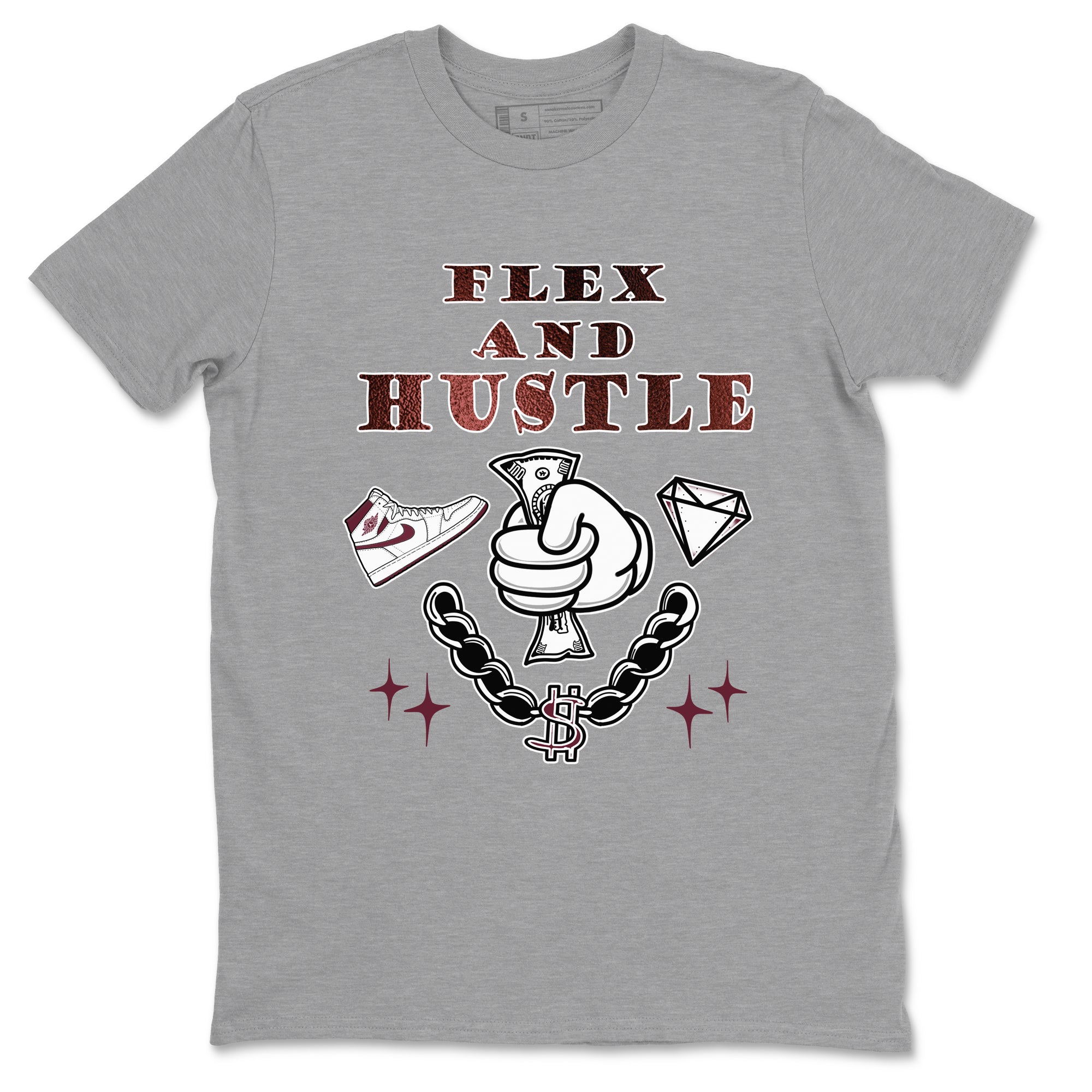 AJ1 High '85 Metallic Burgundy shirts to match jordans Flex And Hustle sneaker match tees 1s High '85 Metallic Burgundy Drip Gear Zone streetwear brand Heather Grey 2 unisex cotton tee