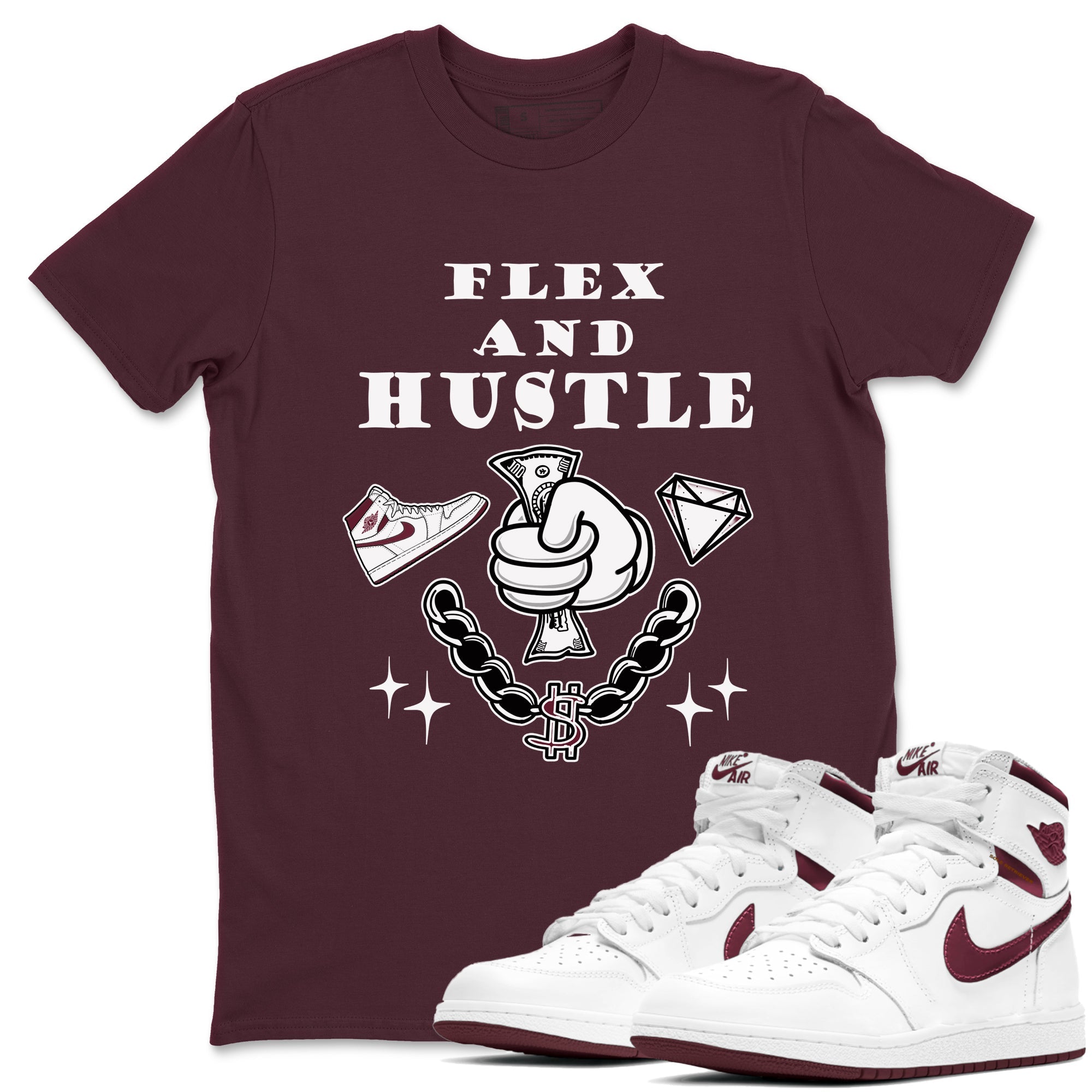 AJ1 High '85 Metallic Burgundy shirts to match jordans Flex And Hustle sneaker match tees 1s High '85 Metallic Burgundy Drip Gear Zone streetwear brand Maroon 1 unisex cotton tee