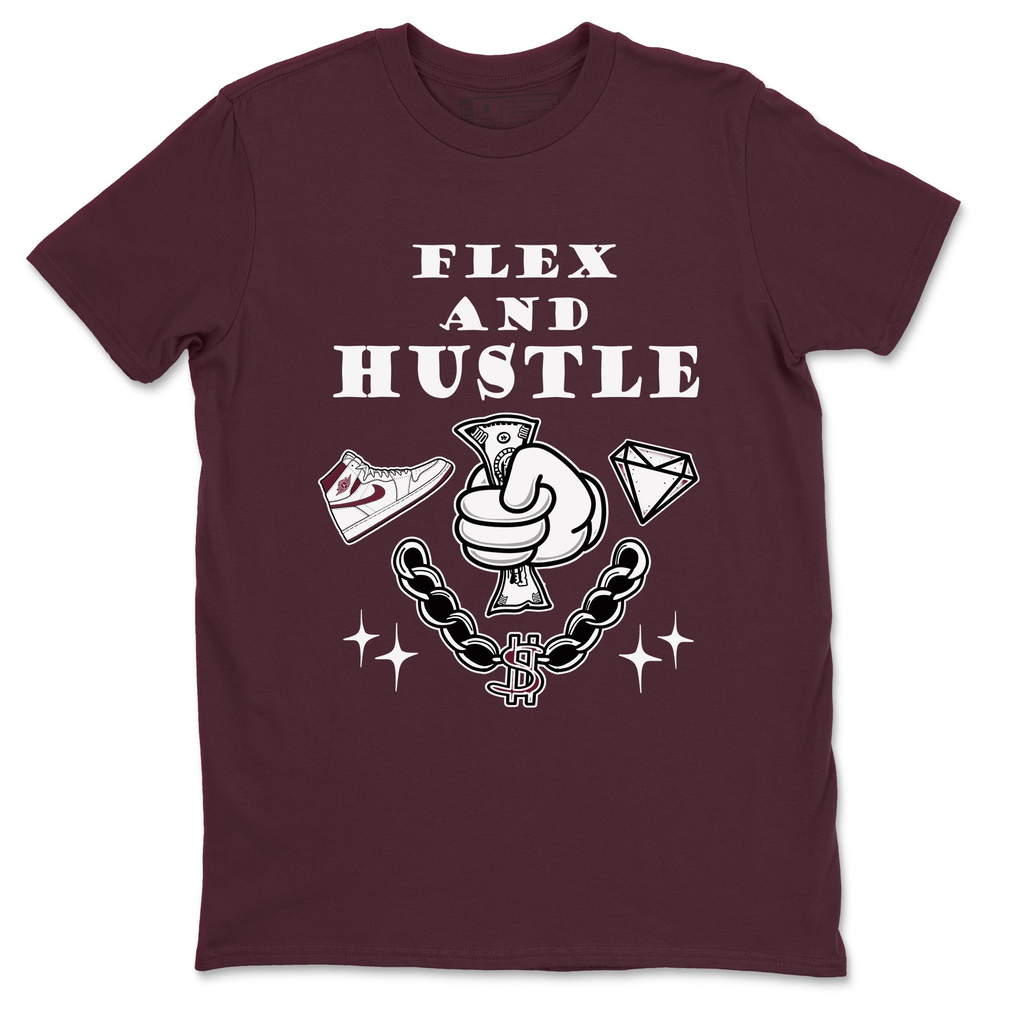 AJ1 High '85 Metallic Burgundy shirts to match jordans Flex And Hustle sneaker match tees 1s High '85 Metallic Burgundy Drip Gear Zone streetwear brand Maroon 2 unisex cotton tee