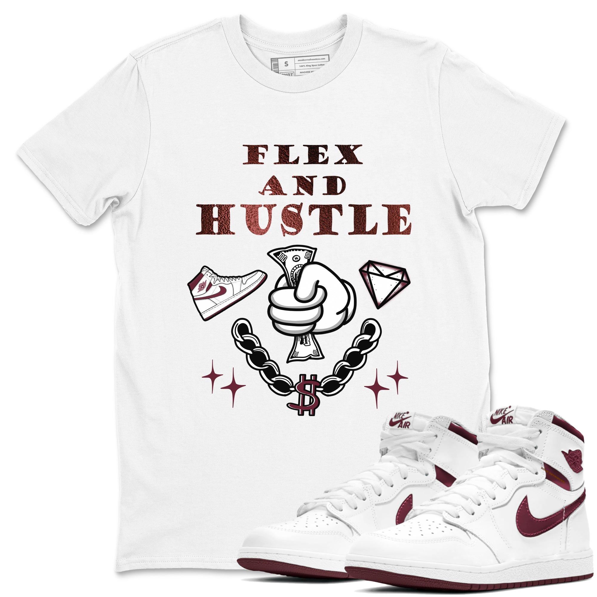AJ1 High '85 Metallic Burgundy shirts to match jordans Flex And Hustle sneaker match tees 1s High '85 Metallic Burgundy Drip Gear Zone streetwear brand White 1 unisex cotton tee