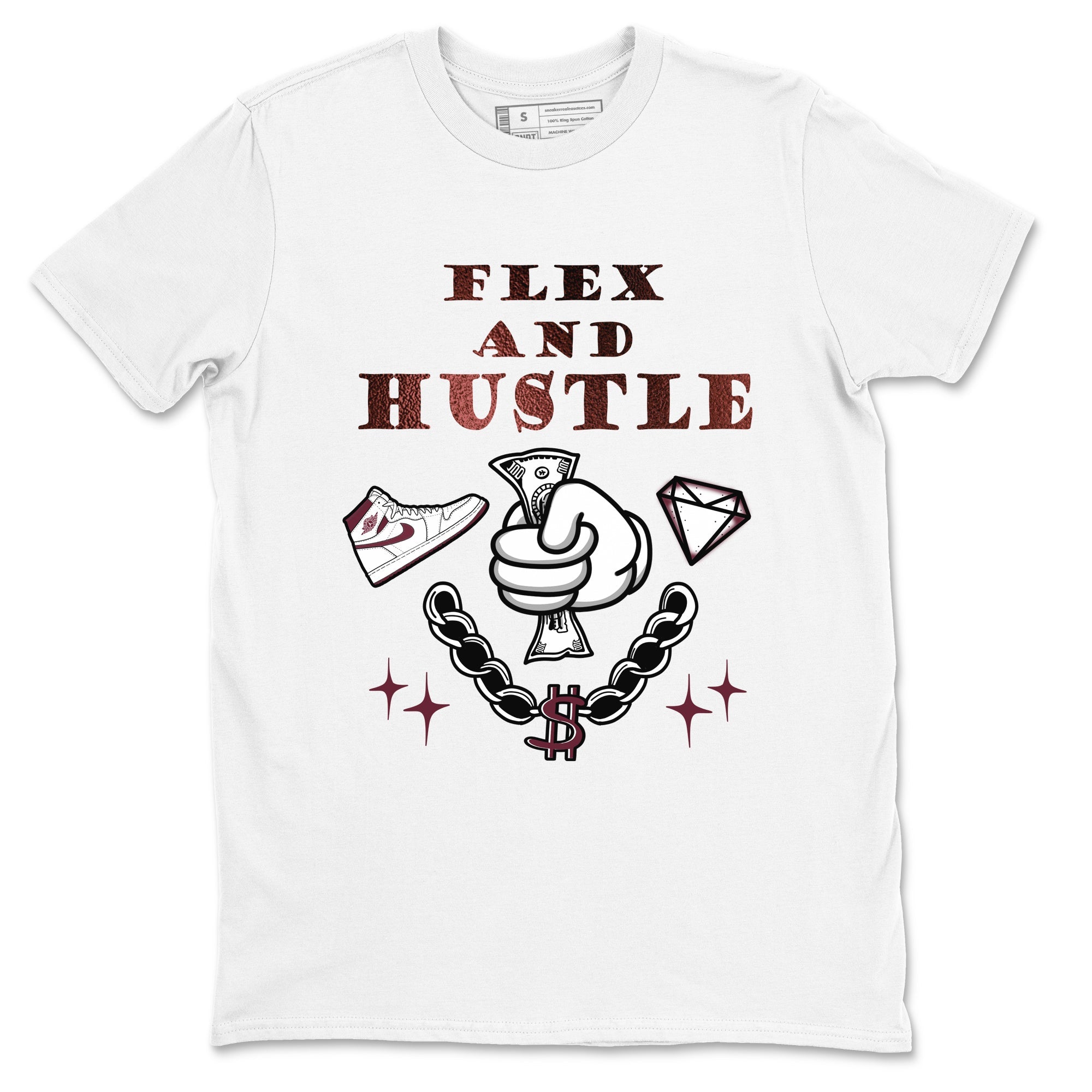 AJ1 High '85 Metallic Burgundy shirts to match jordans Flex And Hustle sneaker match tees 1s High '85 Metallic Burgundy Drip Gear Zone streetwear brand White 2 unisex cotton tee