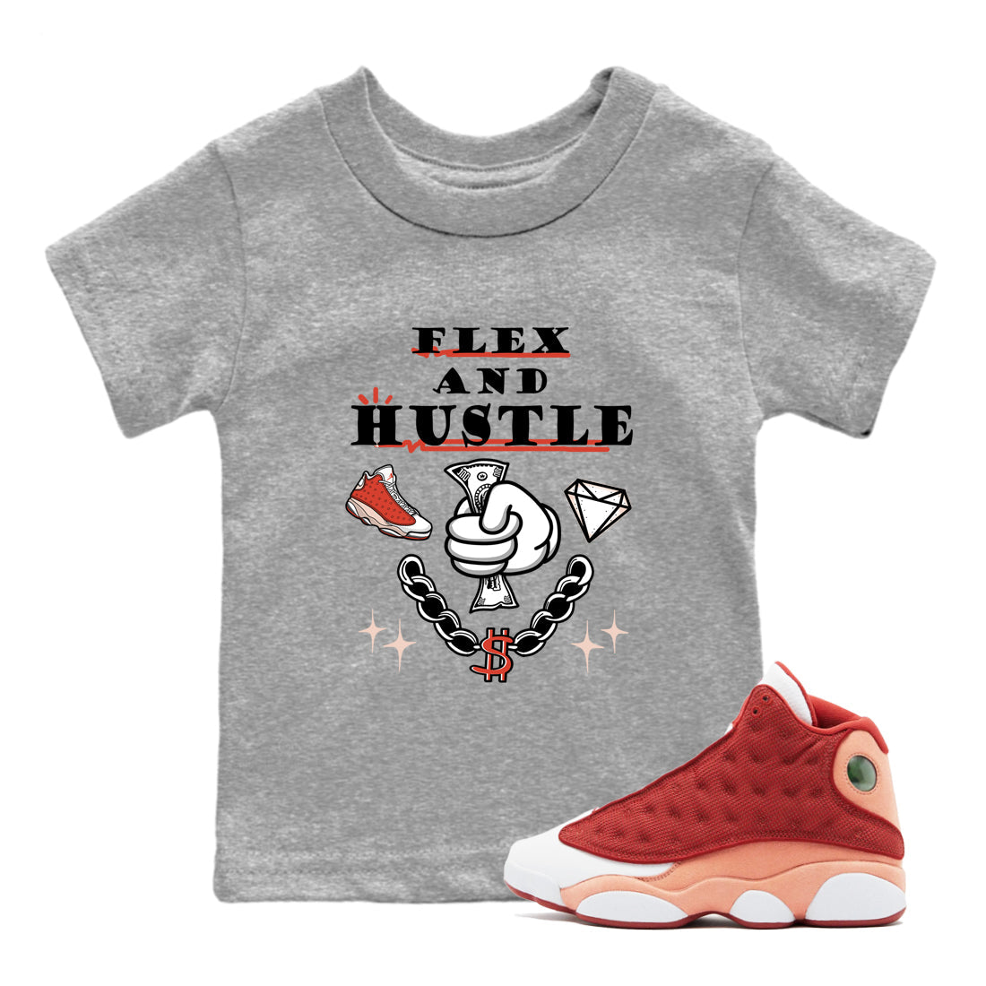 Air Jordan 13 Red Dune shirts to match jordans Flex And Hustle sneaker match tees Air Jordan 13 Red Dune Drip Gear Zone streetwear brand Baby and Youth Heather Grey 1 cotton tee