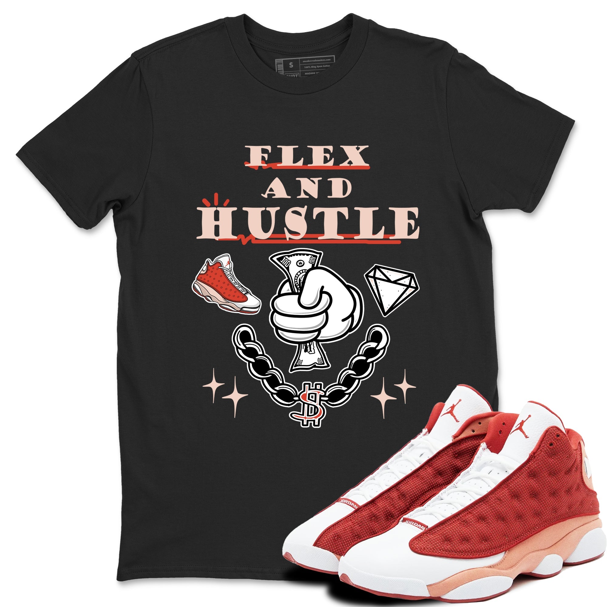 Air Jordan 13 Red Dune shirts to match jordans Flex And Hustle sneaker match tees Air Jordan 13 Red Dune Drip Gear Zone streetwear brand Black 1 unisex cotton tee