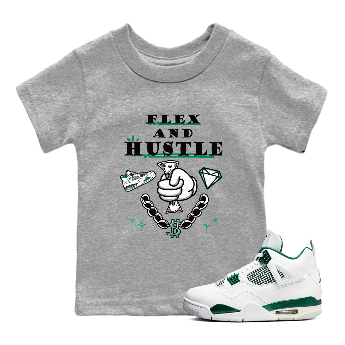 4s Oxidized Green shirts to match jordans Flex And Hustle sneaker match tees Air Jordan 4 Oxidized Green Drip Gear Zone streetwear brand Baby and Youth Heather Grey 1 cotton tee