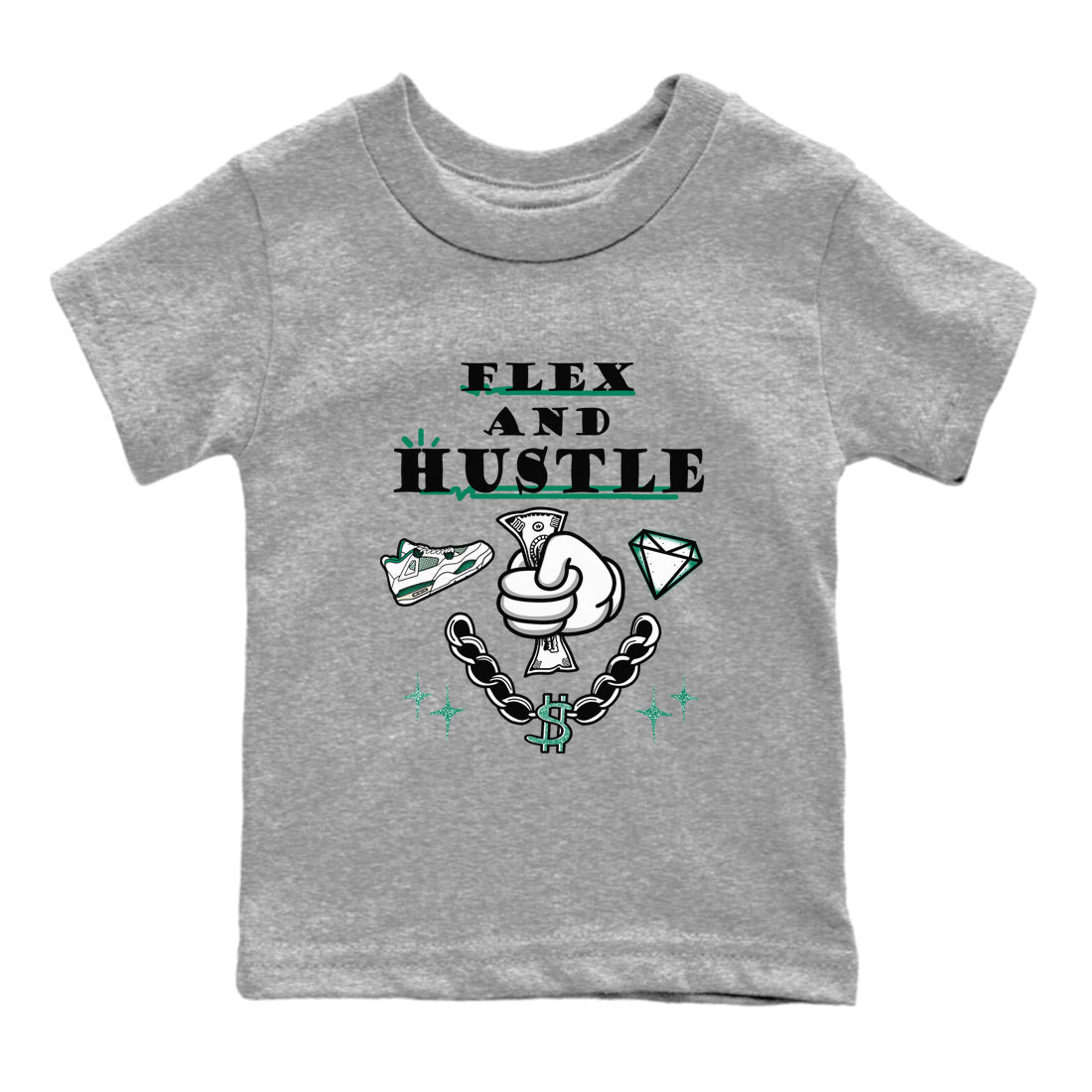 4s Oxidized Green shirts to match jordans Flex And Hustle sneaker match tees Air Jordan 4 Oxidized Green Drip Gear Zone streetwear brand Baby and Youth Heather Grey 2 cotton tee