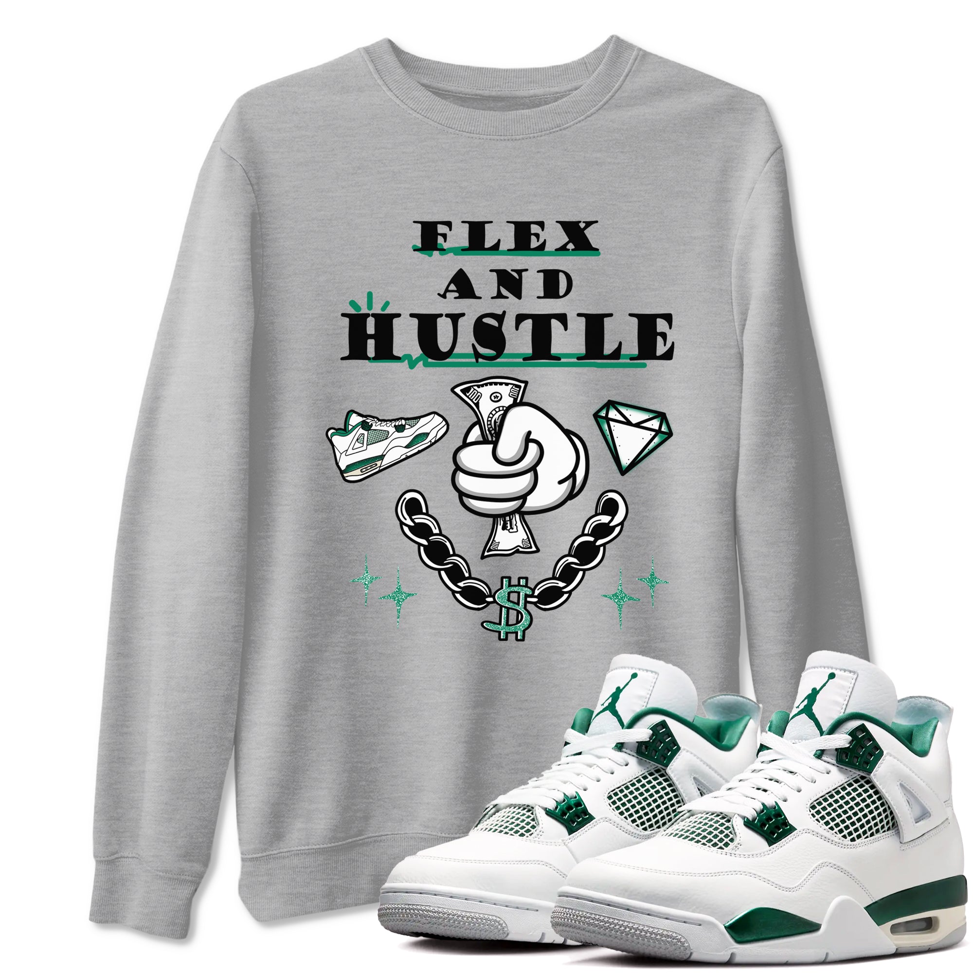 4s Oxidized Green shirts to match jordans Flex And Hustle sneaker match tees Air Jordan 4 Oxidized Green Drip Gear Zone streetwear brand Heather Grey 1 unisex cotton tee