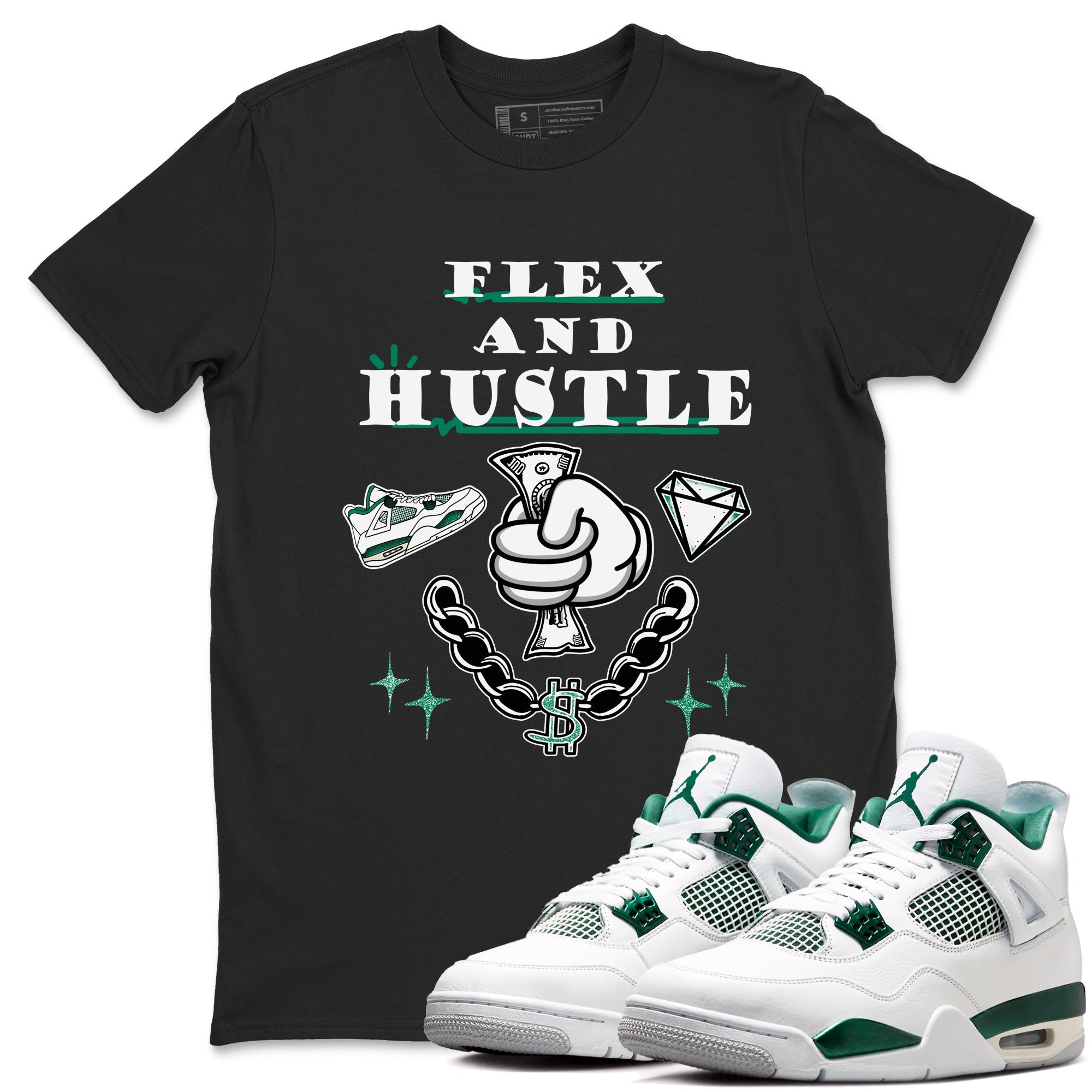 4s Oxidized Green shirts to match jordans Flex And Hustle sneaker match tees Air Jordan 4 Oxidized Green Drip Gear Zone streetwear brand Black 1 unisex cotton tee