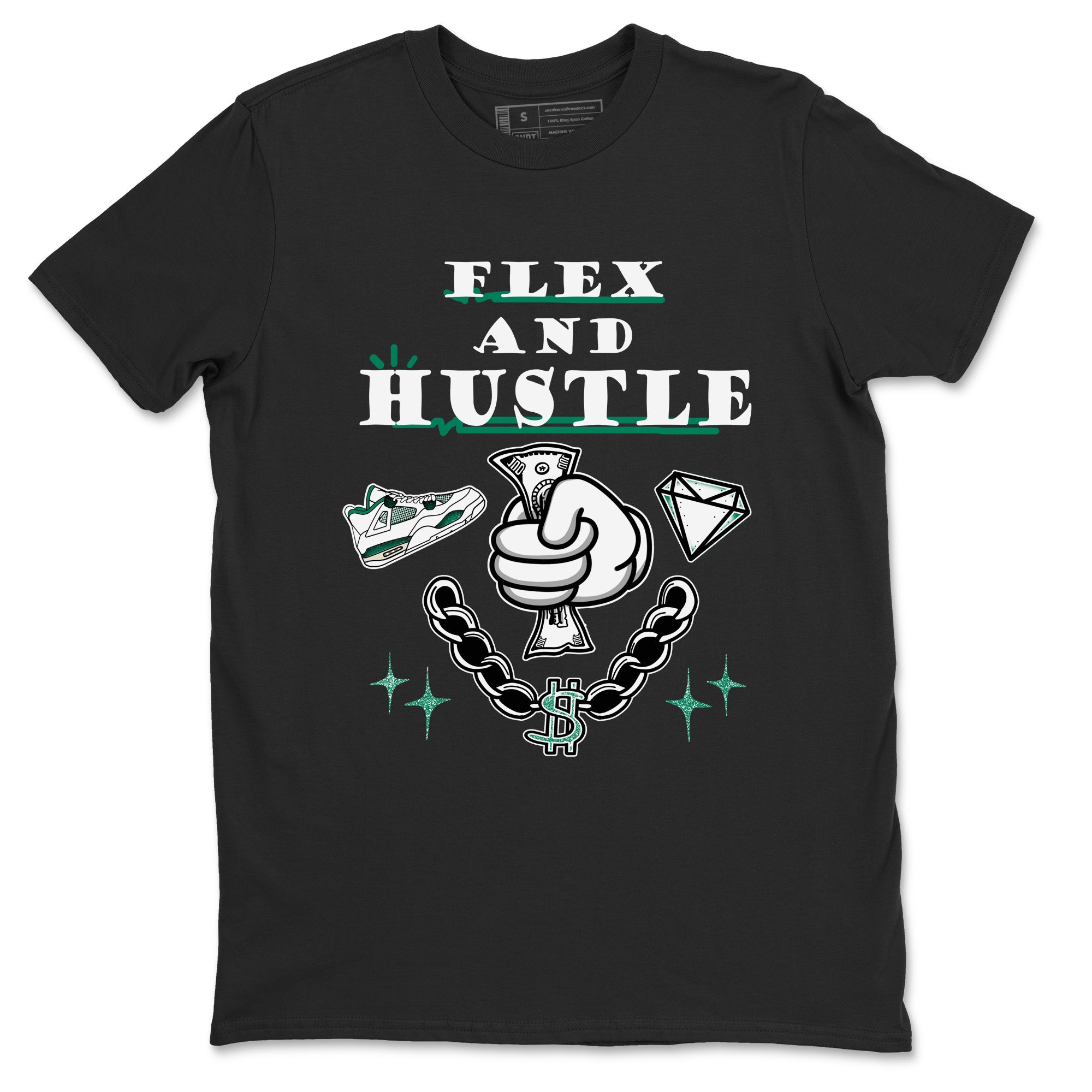 4s Oxidized Green shirts to match jordans Flex And Hustle sneaker match tees Air Jordan 4 Oxidized Green Drip Gear Zone streetwear brand Black 2 unisex cotton tee