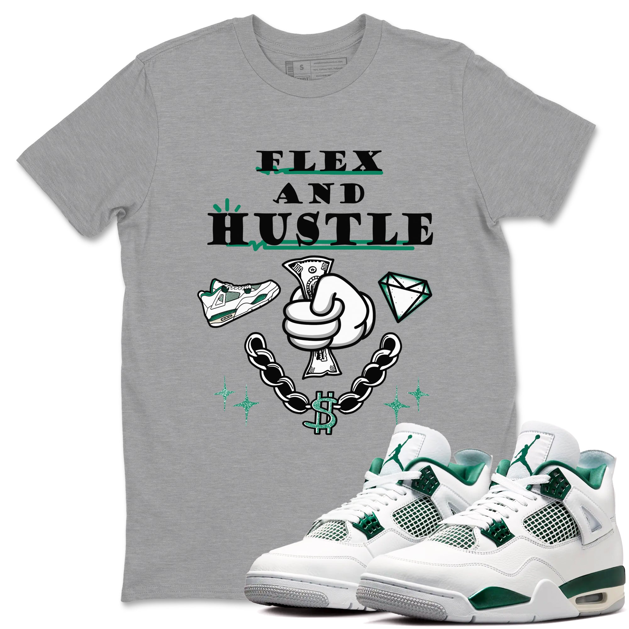 4s Oxidized Green shirts to match jordans Flex And Hustle sneaker match tees Air Jordan 4 Oxidized Green Drip Gear Zone streetwear brand Heather Grey 1 unisex cotton tee
