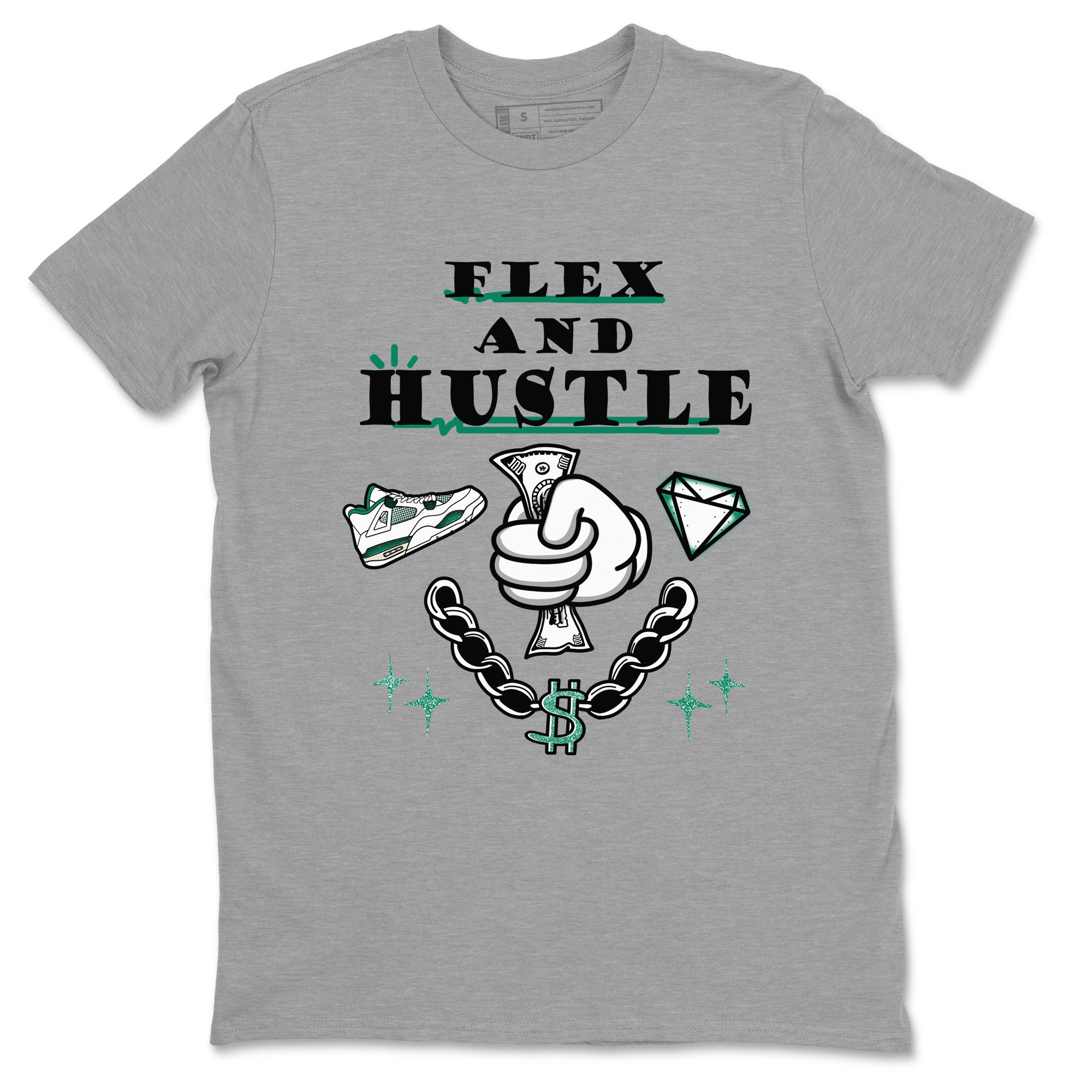 4s Oxidized Green shirts to match jordans Flex And Hustle sneaker match tees Air Jordan 4 Oxidized Green Drip Gear Zone streetwear brand Heather Grey 2 unisex cotton tee