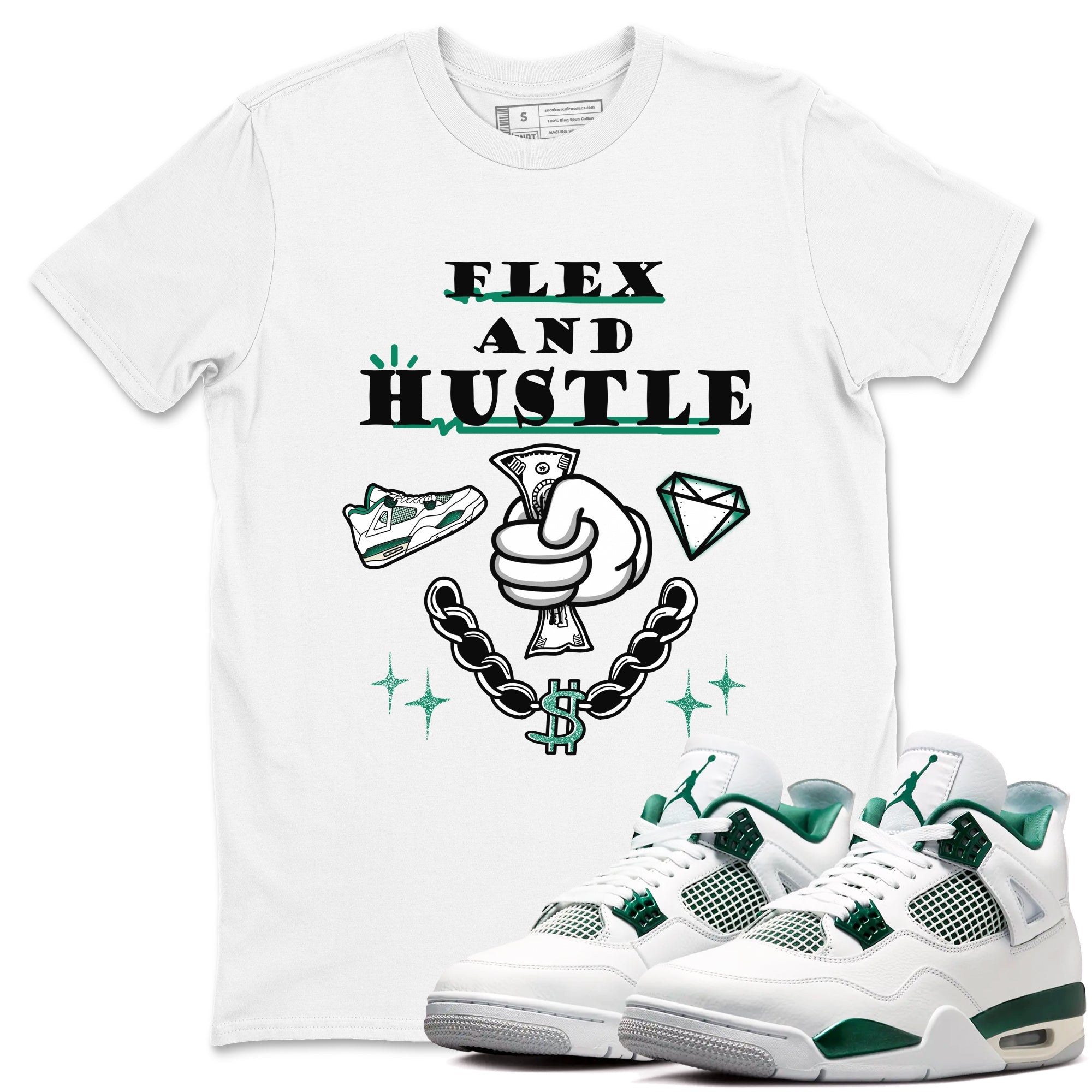 4s Oxidized Green shirts to match jordans Flex And Hustle sneaker match tees Air Jordan 4 Oxidized Green Drip Gear Zone streetwear brand White 1 unisex cotton tee