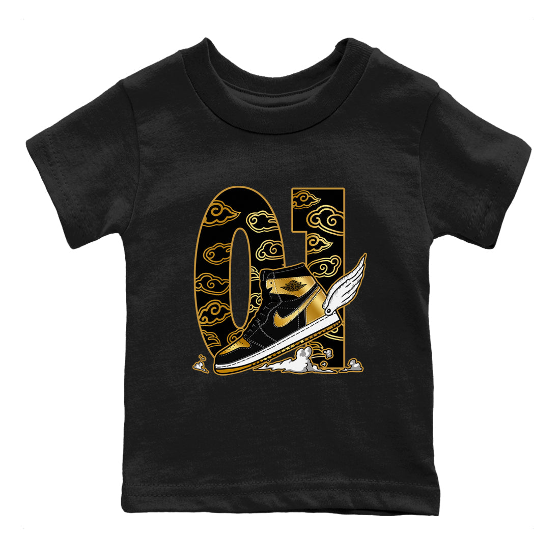 1s Black Metallic Gold shirts to match jordans Fly To The Clouds sneaker match tees Air Jordan 1 Black Metallic Gold Drip Gear Zone Youth Baby Black 2 crew neck shirts