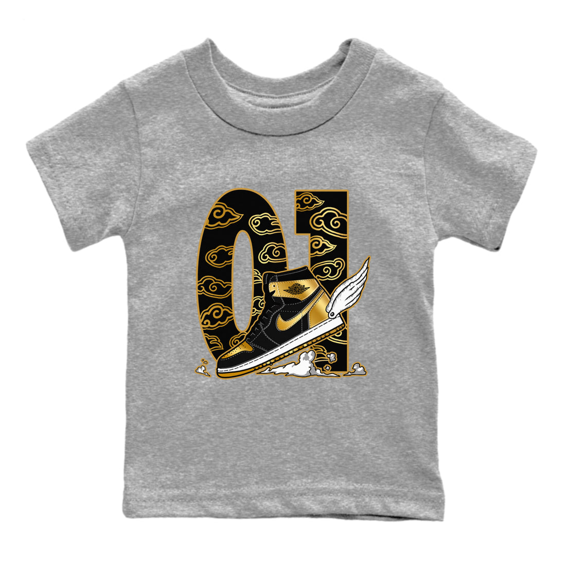 1s Black Metallic Gold shirts to match jordans Fly To The Clouds sneaker match tees Air Jordan 1 Black Metallic Gold Drip Gear Zone Youth Baby Heather Grey 2 crew neck shirts