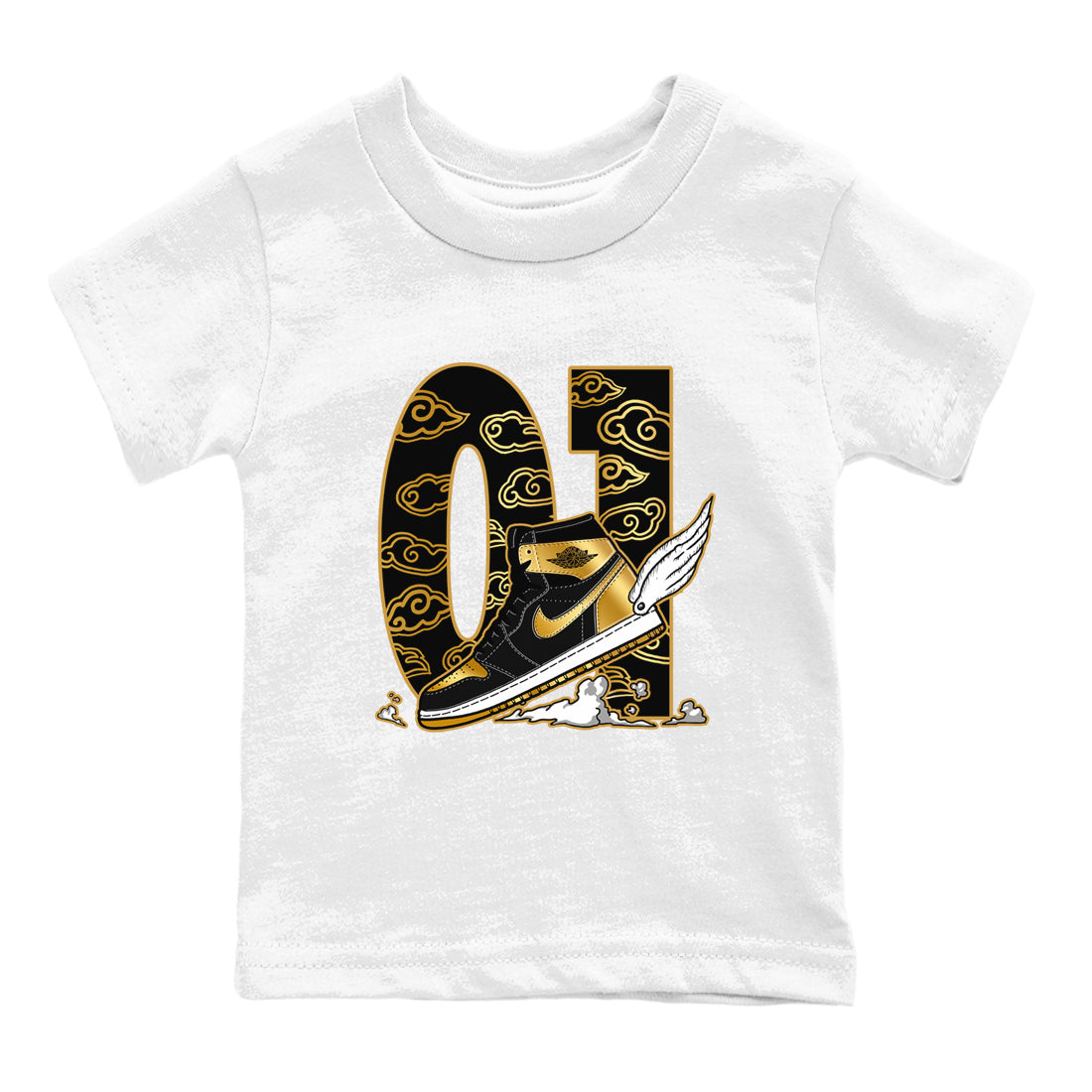1s Black Metallic Gold shirts to match jordans Fly To The Clouds sneaker match tees Air Jordan 1 Black Metallic Gold Drip Gear Zone Youth Baby White 2 crew neck shirts