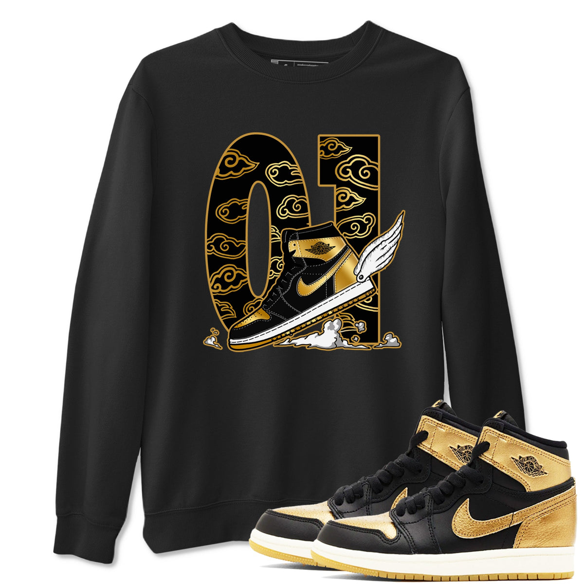 1s Black Metallic Gold shirts to match jordans Fly To The Clouds sneaker match tees Air Jordan 1 Black Metallic Gold Drip Gear Zone unisex cotton Black 1 crew neck shirts