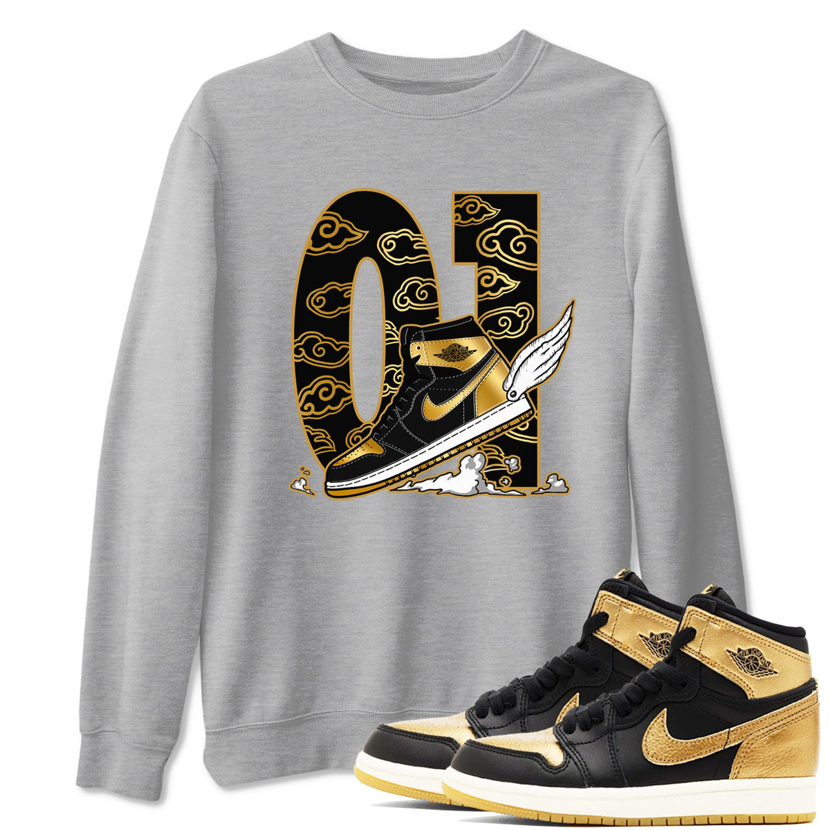 1s Black Metallic Gold shirts to match jordans Fly To The Clouds sneaker match tees Air Jordan 1 Black Metallic Gold Drip Gear Zone unisex cotton Heather Grey 1 crew neck shirts