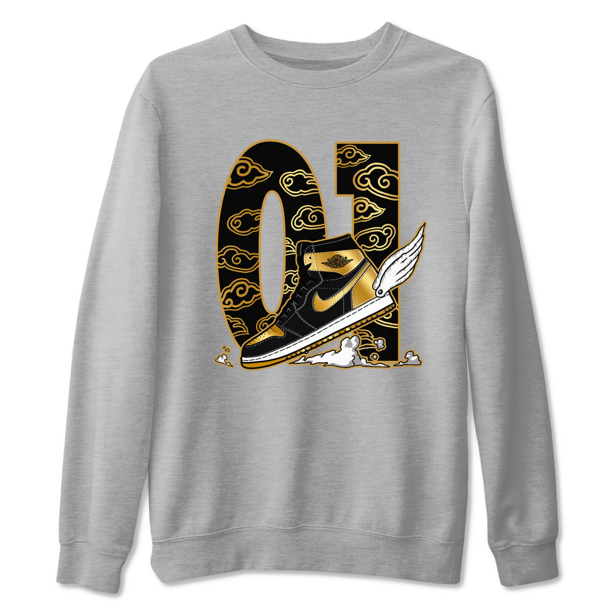 1s Black Metallic Gold shirts to match jordans Fly To The Clouds sneaker match tees Air Jordan 1 Black Metallic Gold Drip Gear Zone unisex cotton Heather Grey 2 crew neck shirts