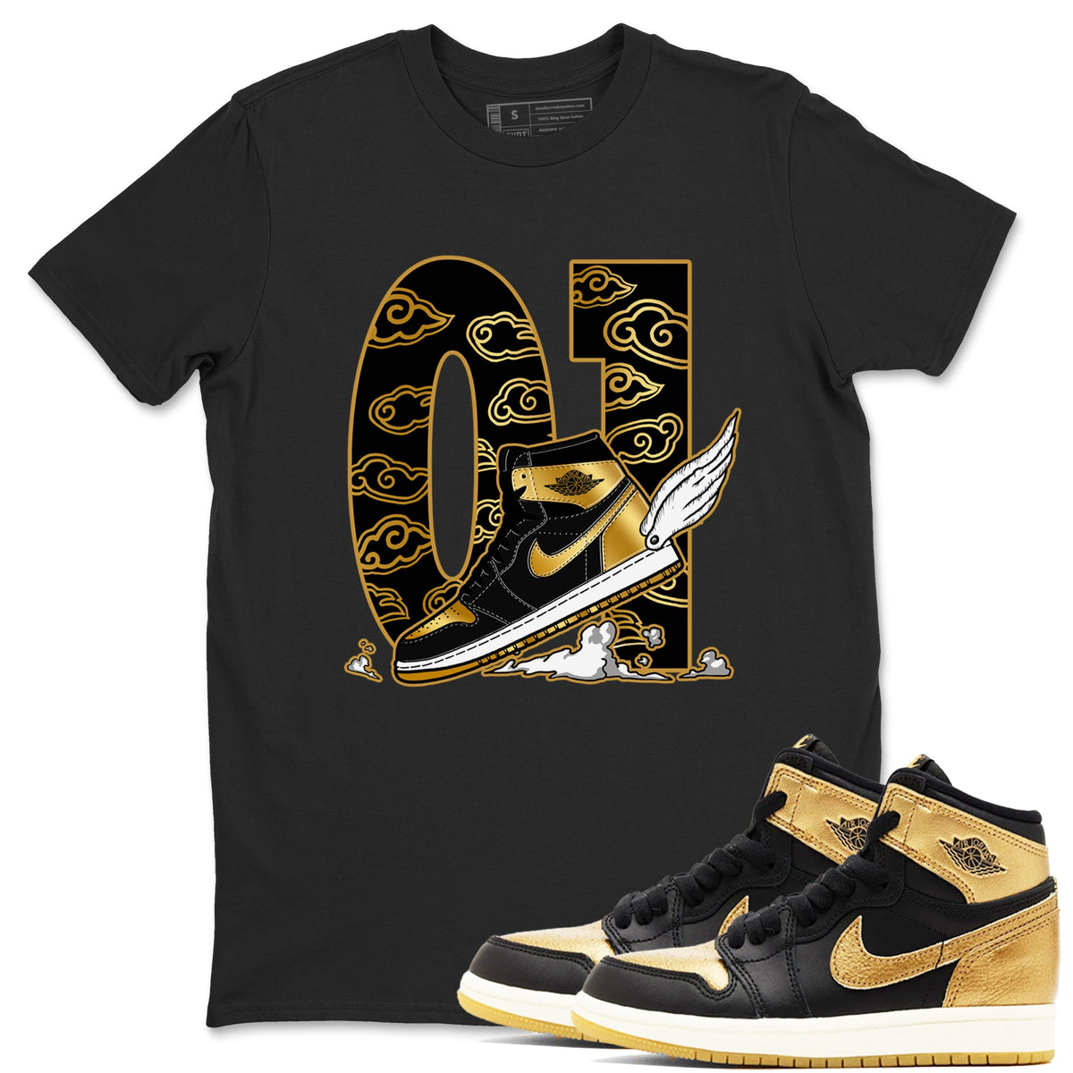 1s Black Metallic Gold shirts to match jordans Fly To The Clouds sneaker match tees Air Jordan 1 Black Metallic Gold Drip Gear Zone unisex cotton Black 1 crew neck shirts