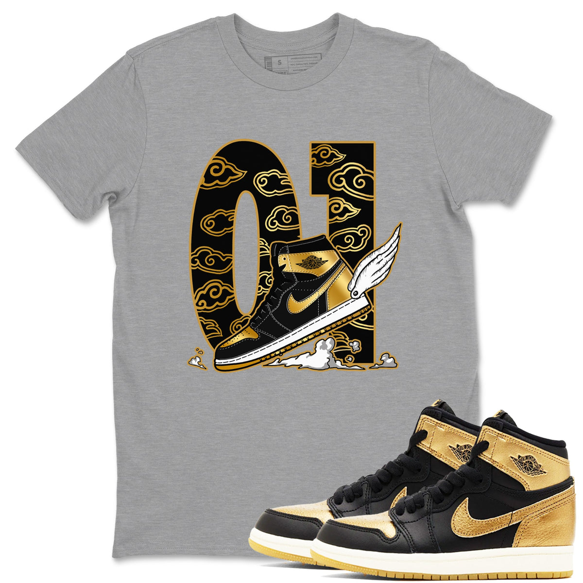 1s Black Metallic Gold shirts to match jordans Fly To The Clouds sneaker match tees Air Jordan 1 Black Metallic Gold Drip Gear Zone unisex cotton Heather Grey 1 crew neck shirts