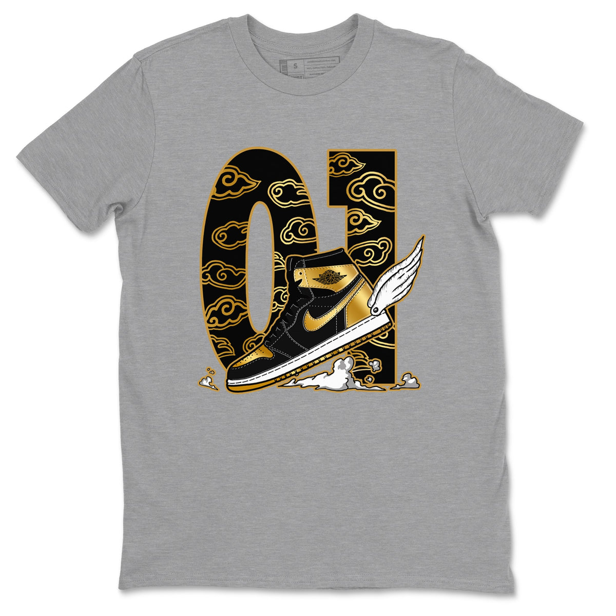 1s Black Metallic Gold shirts to match jordans Fly To The Clouds sneaker match tees Air Jordan 1 Black Metallic Gold Drip Gear Zone unisex cotton Heather Grey 2 crew neck shirts