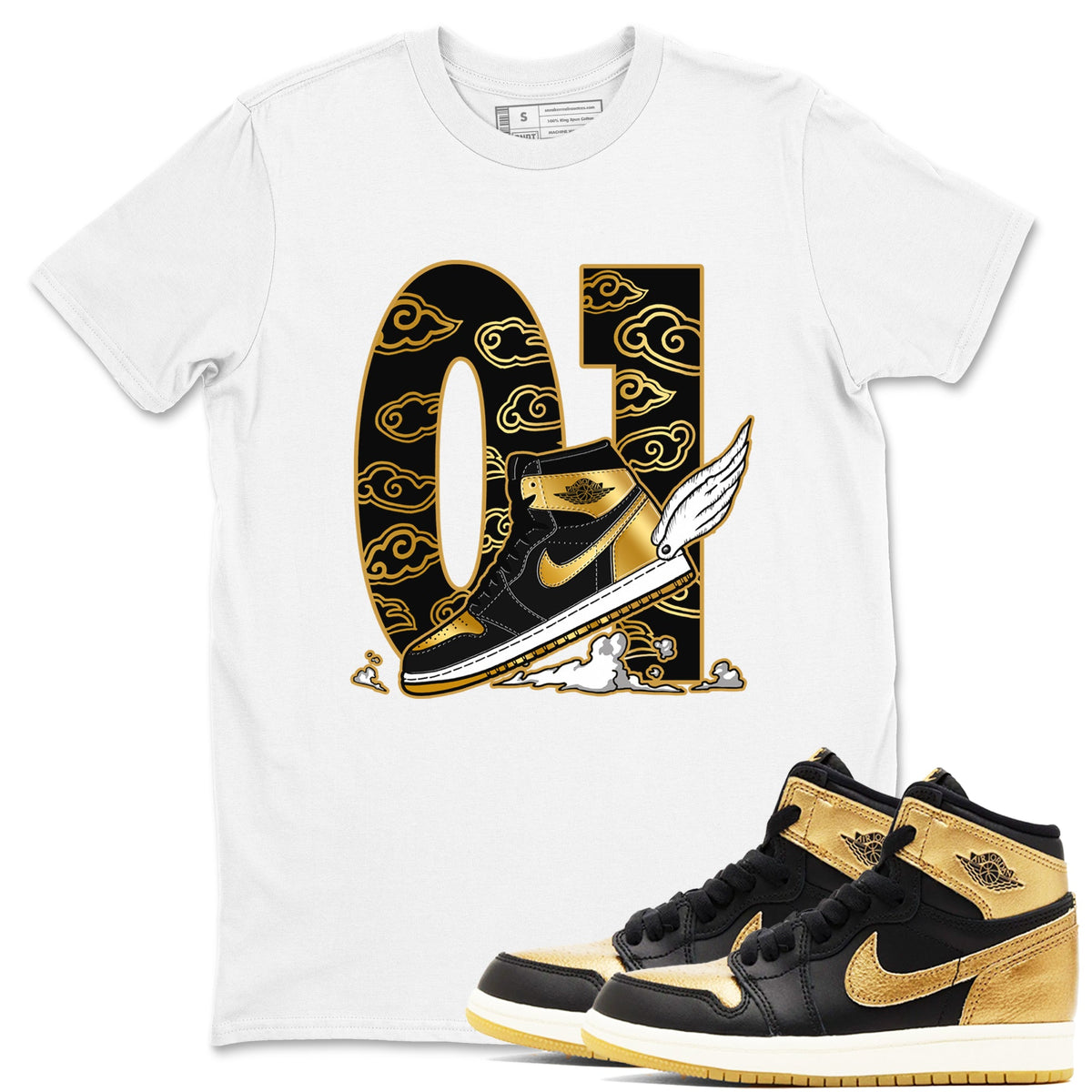1s Black Metallic Gold shirts to match jordans Fly To The Clouds sneaker match tees Air Jordan 1 Black Metallic Gold Drip Gear Zone unisex cotton White 1 crew neck shirts