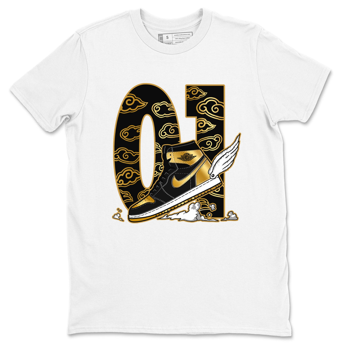 1s Black Metallic Gold shirts to match jordans Fly To The Clouds sneaker match tees Air Jordan 1 Black Metallic Gold Drip Gear Zone unisex cotton White 2 crew neck shirts