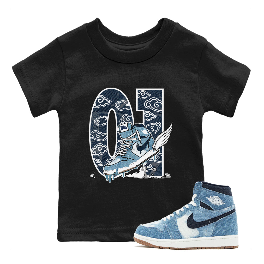 1s Denim shirts to match jordans Fly To The Clouds sneaker match tees Air Jordan 1 Denim Drip Gear Zone streetwear brand Baby and Youth Black 1 cotton tee