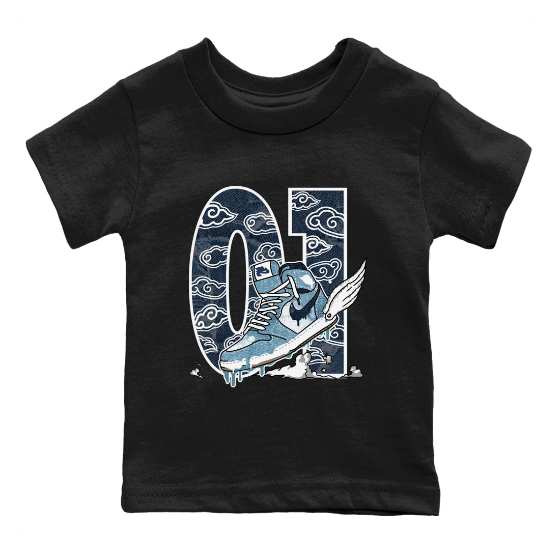1s Denim shirts to match jordans Fly To The Clouds sneaker match tees Air Jordan 1 Denim Drip Gear Zone streetwear brand Baby and Youth Black 2 cotton tee