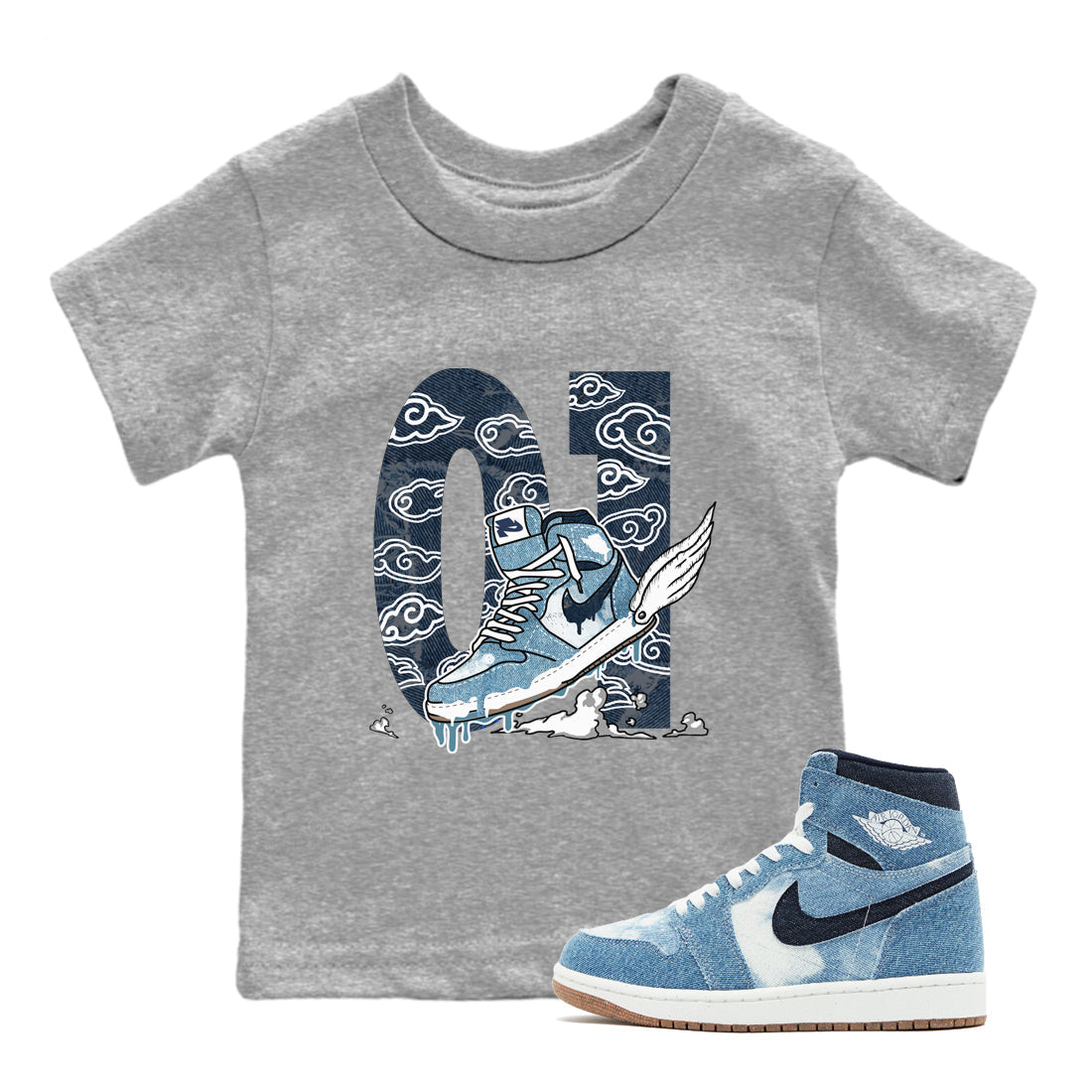 1s Denim shirts to match jordans Fly To The Clouds sneaker match tees Air Jordan 1 Denim Drip Gear Zone streetwear brand Baby and Youth Heather Grey 1 cotton tee