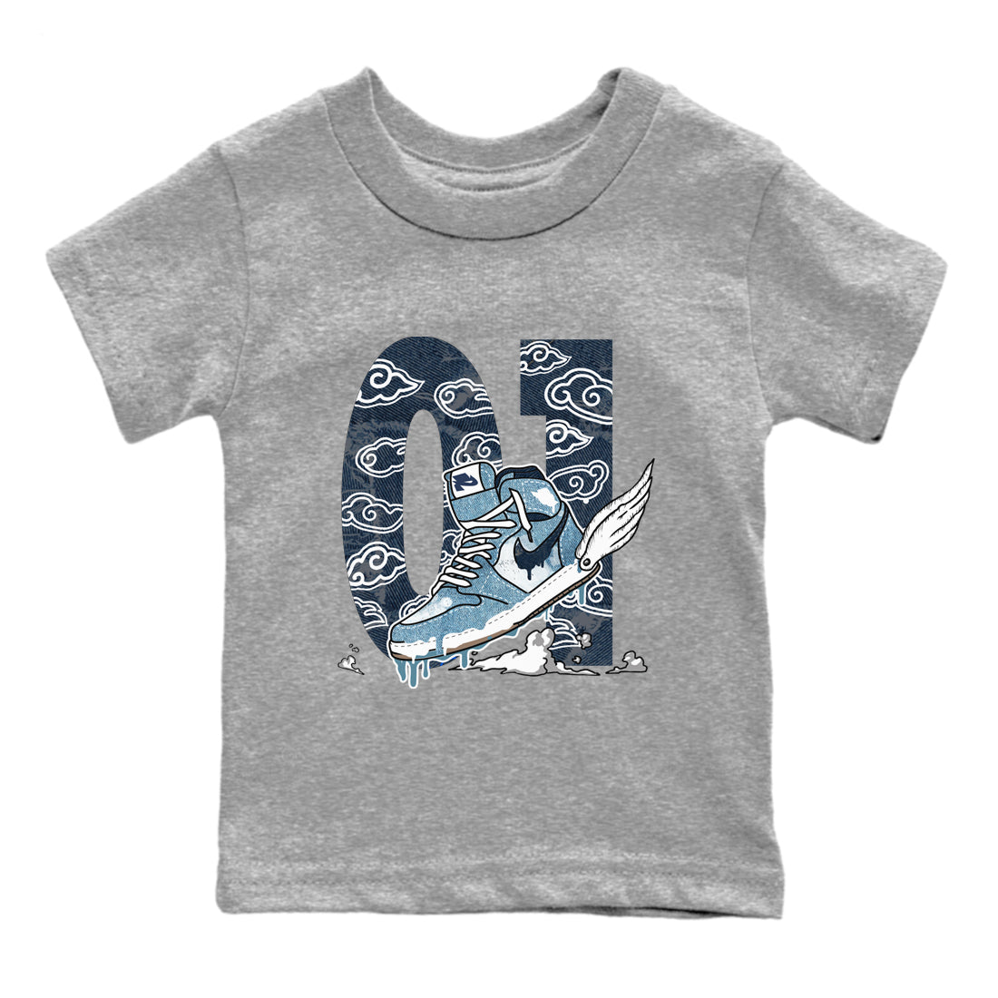1s Denim shirts to match jordans Fly To The Clouds sneaker match tees Air Jordan 1 Denim Drip Gear Zone streetwear brand Baby and Youth Heather Grey 2 cotton tee