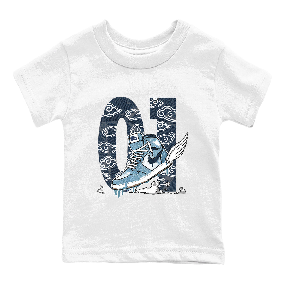 1s Denim shirts to match jordans Fly To The Clouds sneaker match tees Air Jordan 1 Denim Drip Gear Zone streetwear brand Baby and Youth White 2 cotton tee