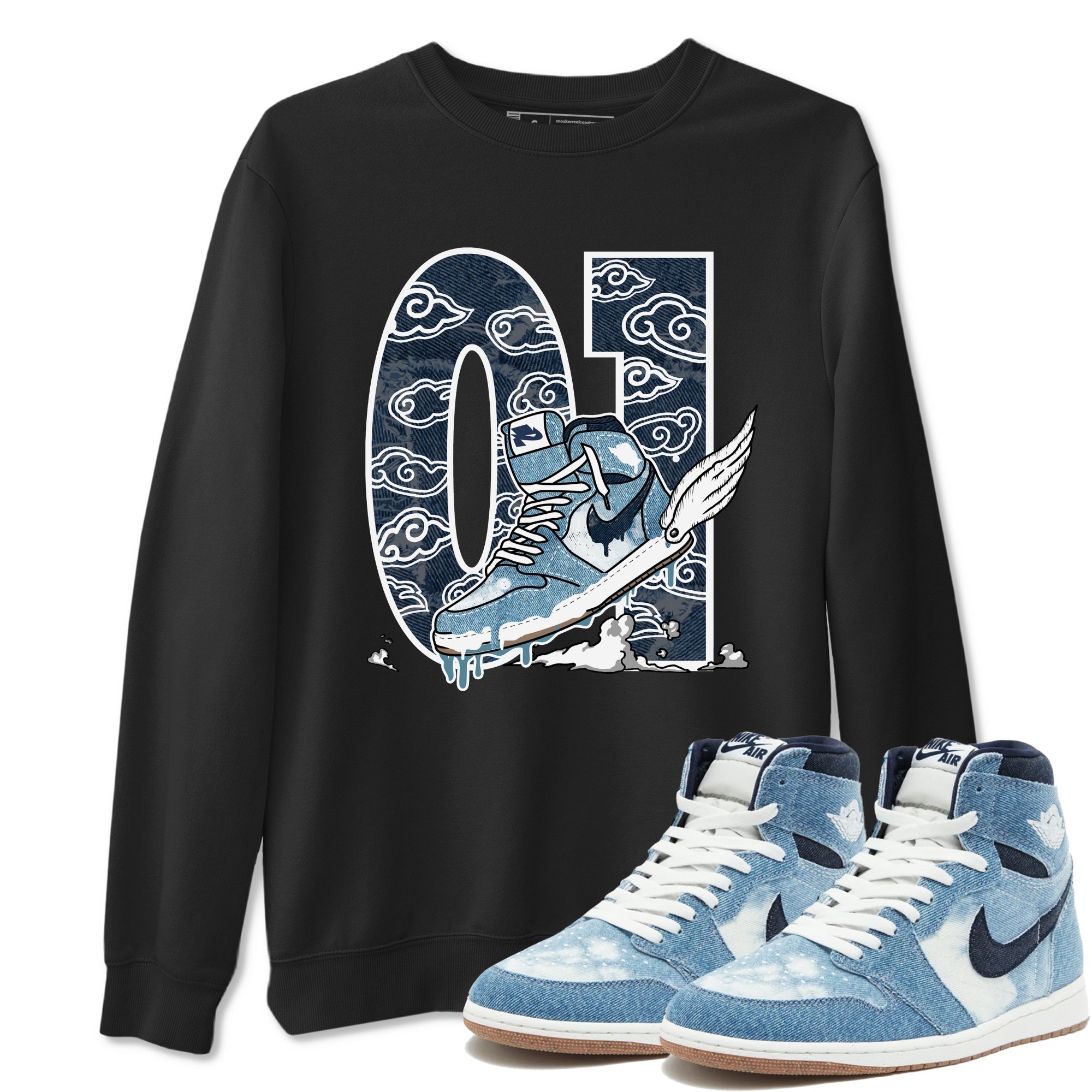 1s Denim shirts to match jordans Fly To The Clouds sneaker match tees Air Jordan 1 Denim Drip Gear Zone streetwear brand Black 1 unisex cotton tee