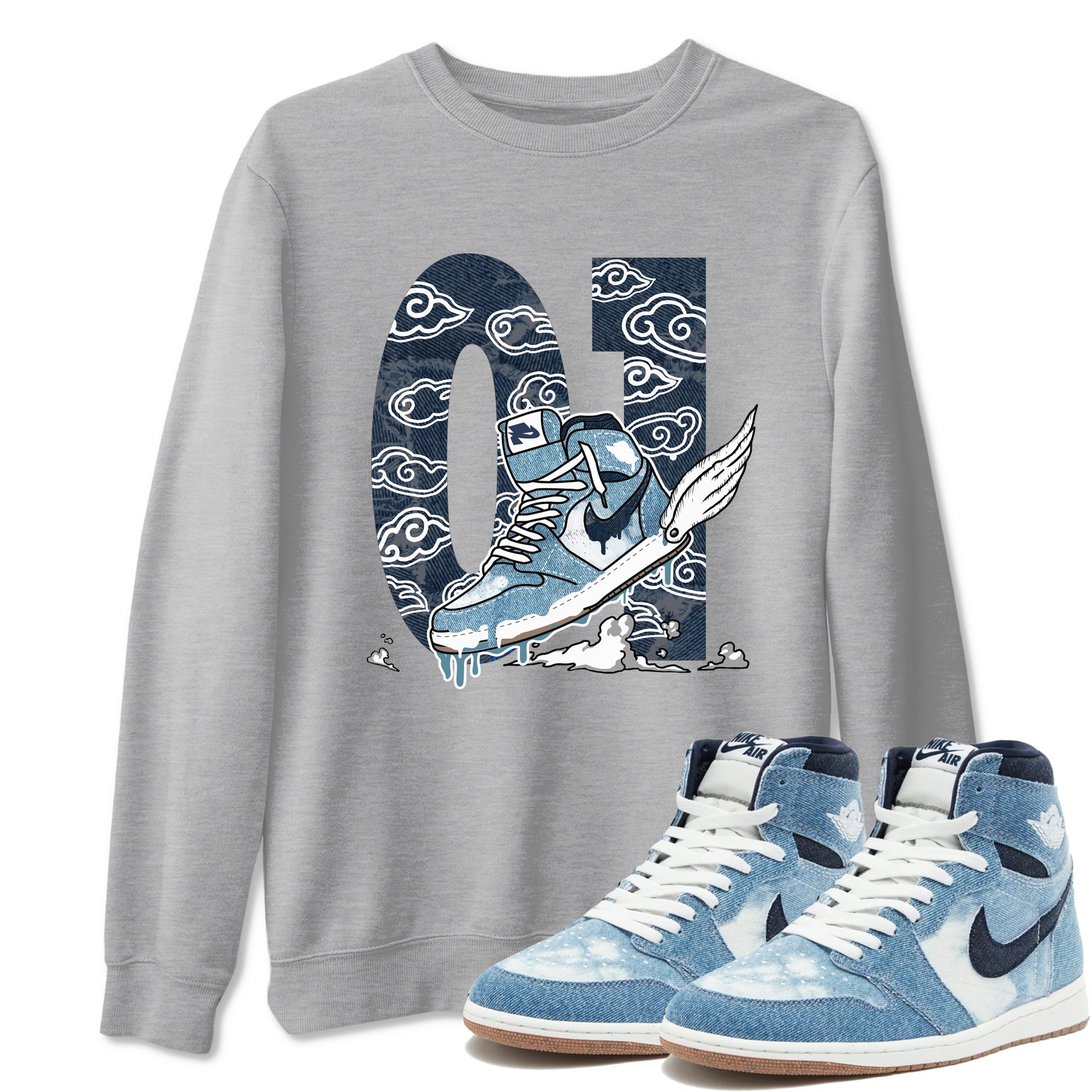 1s Denim shirts to match jordans Fly To The Clouds sneaker match tees Air Jordan 1 Denim Drip Gear Zone streetwear brand Heather Grey 1 unisex cotton tee