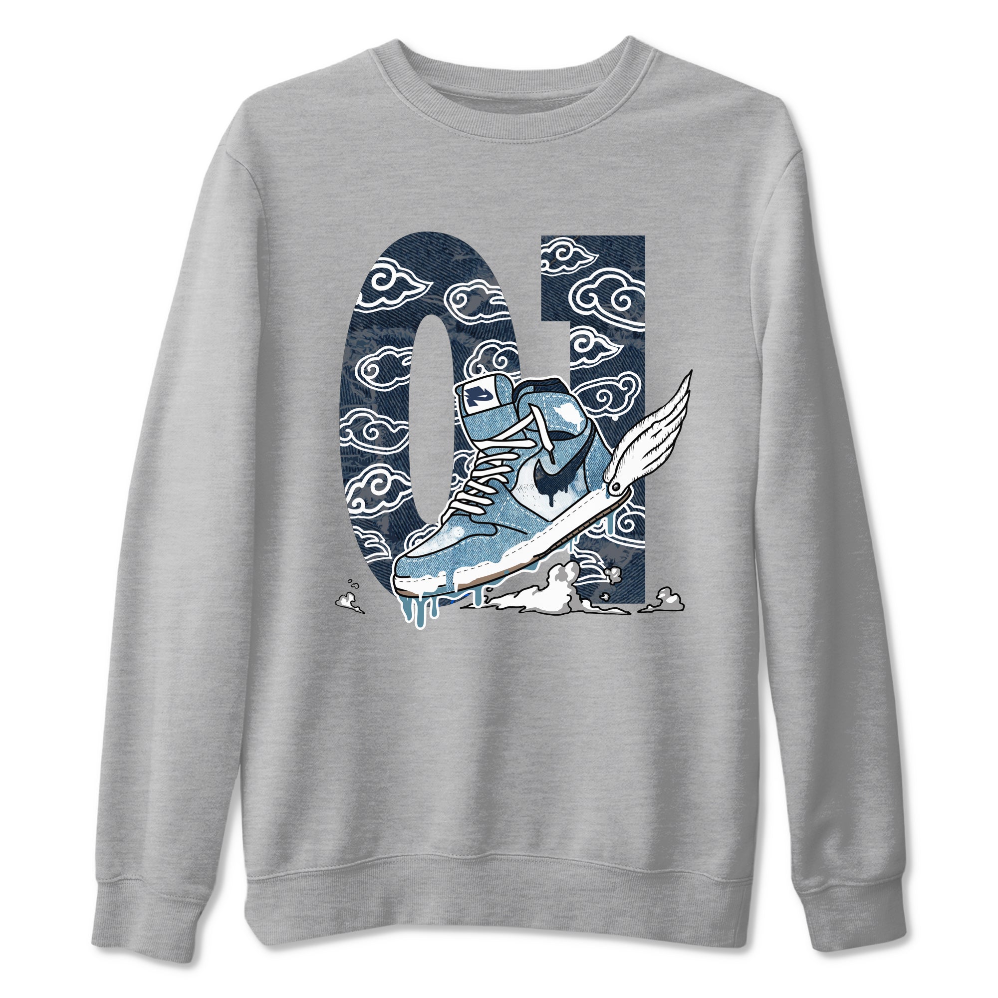 1s Denim shirts to match jordans Fly To The Clouds sneaker match tees Air Jordan 1 Denim Drip Gear Zone streetwear brand Heather Grey 2 unisex cotton tee