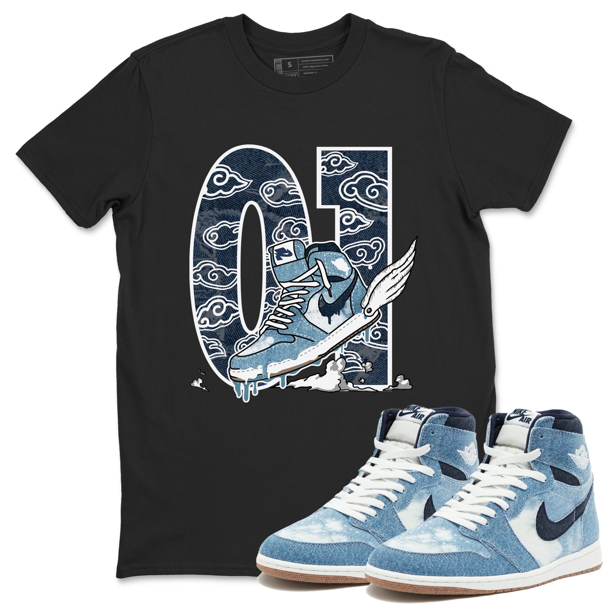1s Denim shirts to match jordans Fly To The Clouds sneaker match tees Air Jordan 1 Denim Drip Gear Zone streetwear brand Black 1 unisex cotton tee