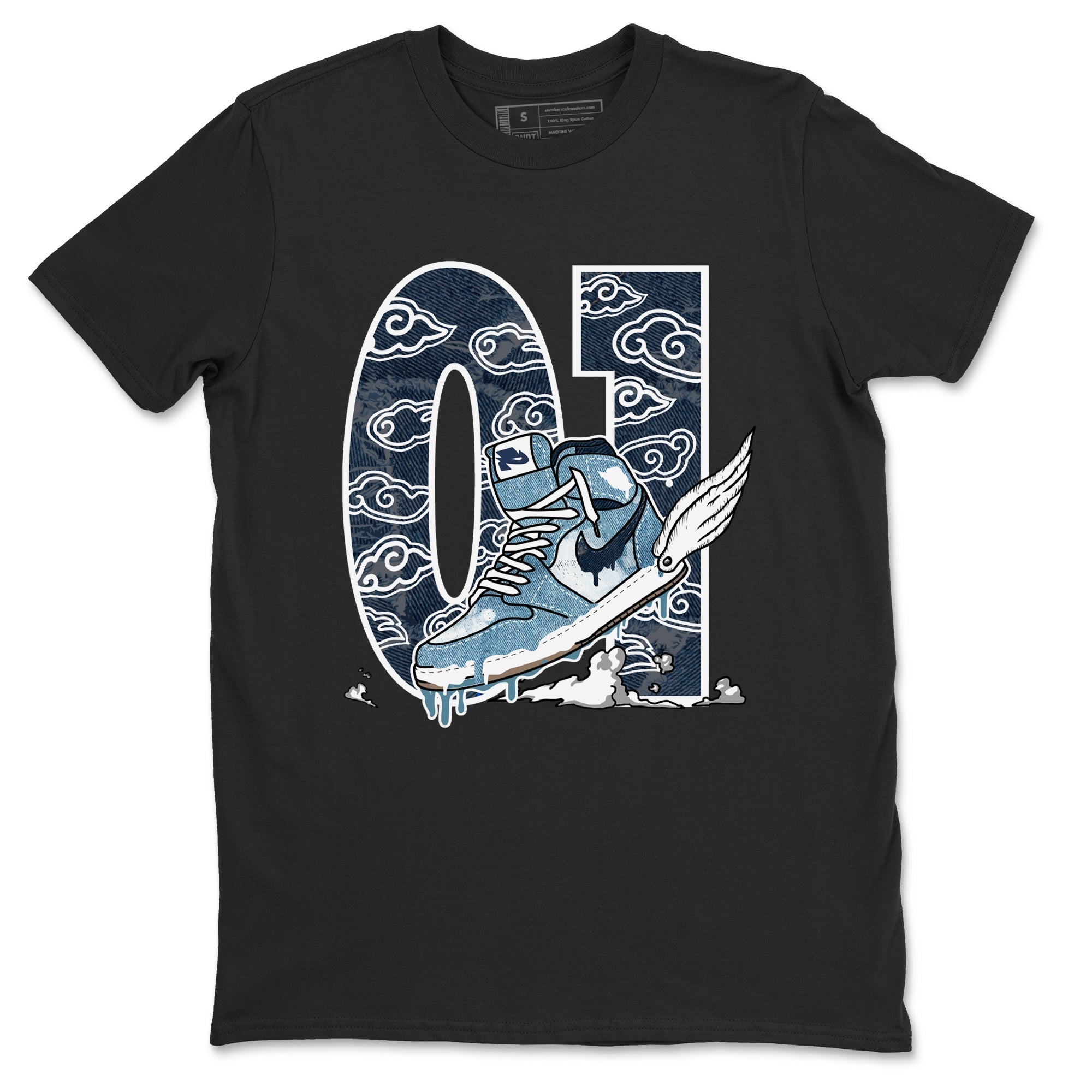 1s Denim shirts to match jordans Fly To The Clouds sneaker match tees Air Jordan 1 Denim Drip Gear Zone streetwear brand Black 2 unisex cotton tee