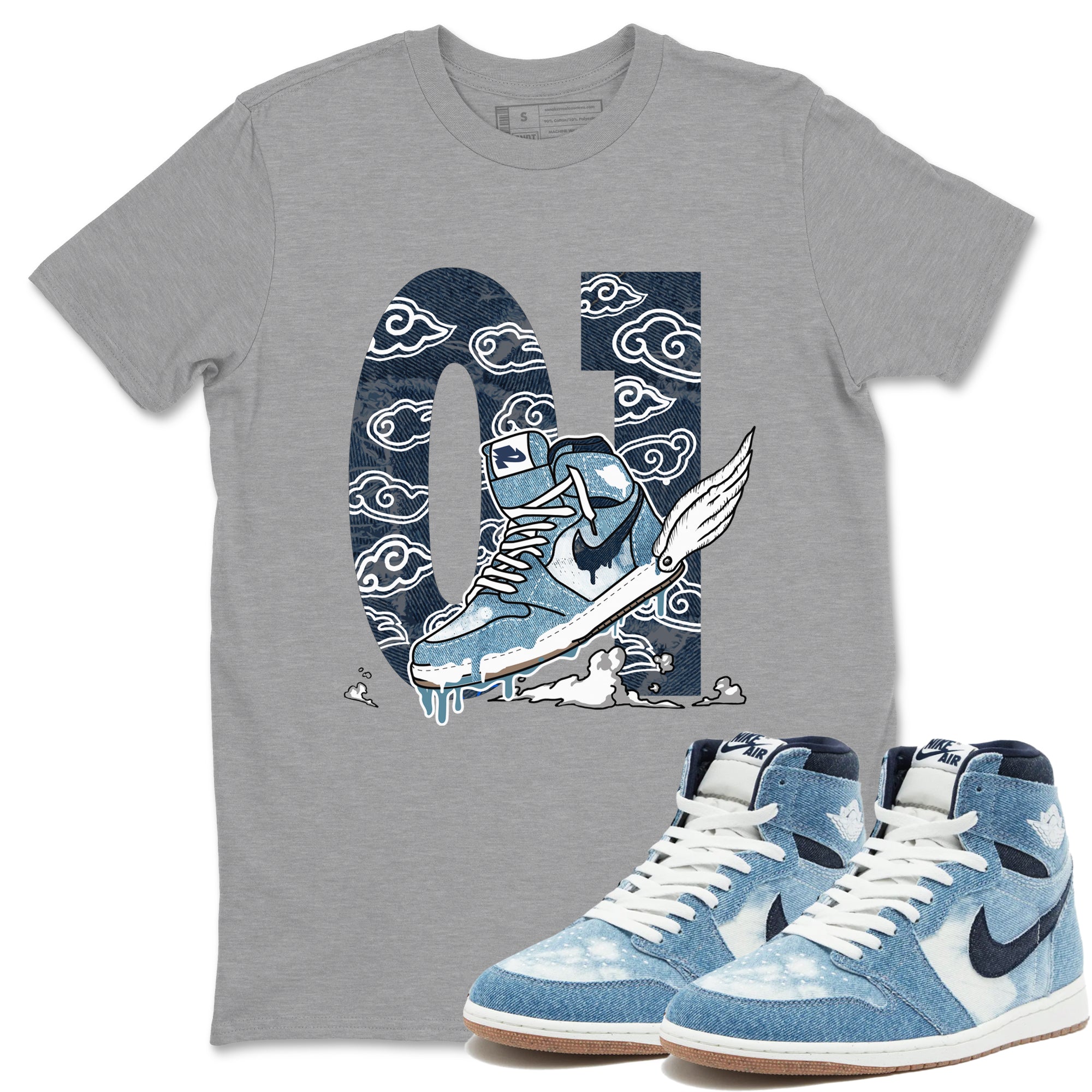 1s Denim shirts to match jordans Fly To The Clouds sneaker match tees Air Jordan 1 Denim Drip Gear Zone streetwear brand Heather Grey 1 unisex cotton tee