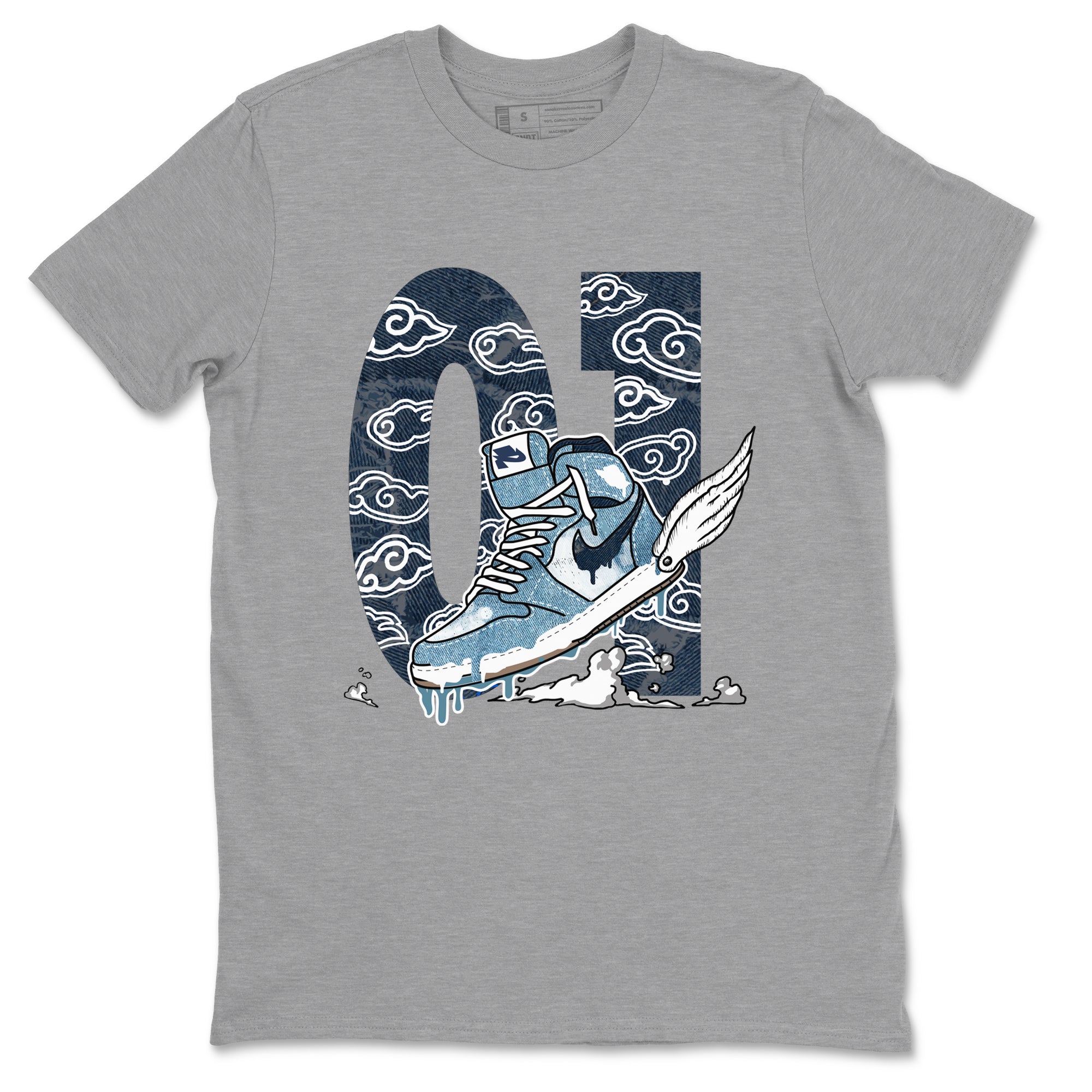 1s Denim shirts to match jordans Fly To The Clouds sneaker match tees Air Jordan 1 Denim Drip Gear Zone streetwear brand Heather Grey 2 unisex cotton tee