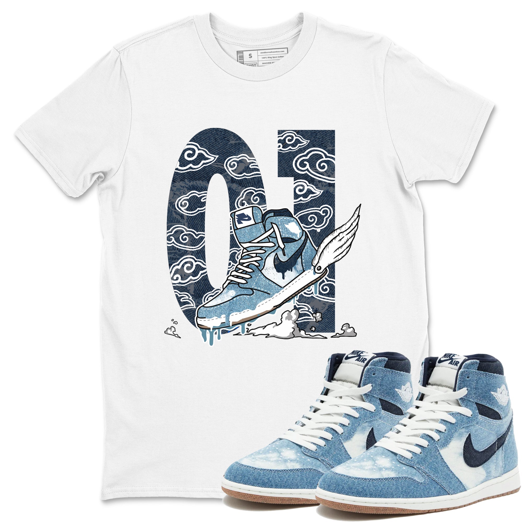1s Denim shirts to match jordans Fly To The Clouds sneaker match tees Air Jordan 1 Denim Drip Gear Zone streetwear brand White 1 unisex cotton tee