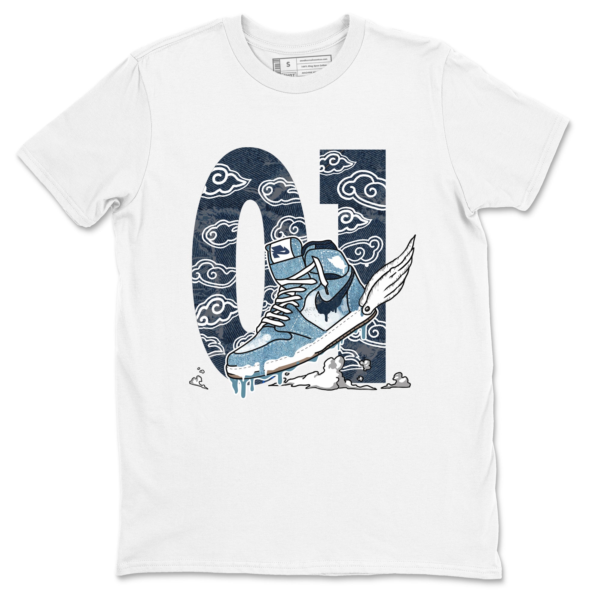 1s Denim shirts to match jordans Fly To The Clouds sneaker match tees Air Jordan 1 Denim Drip Gear Zone streetwear brand White 2 unisex cotton tee